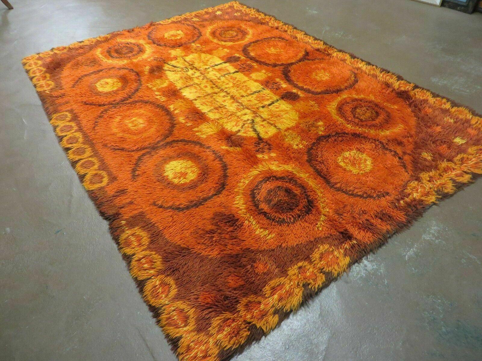 5' X 7' Vintage 1960 Danish Rya Shag DeLuxe Ege Orange and Red Rug Comet Mid-Century Modern Contemporary Area Rug - Jewel Rugs