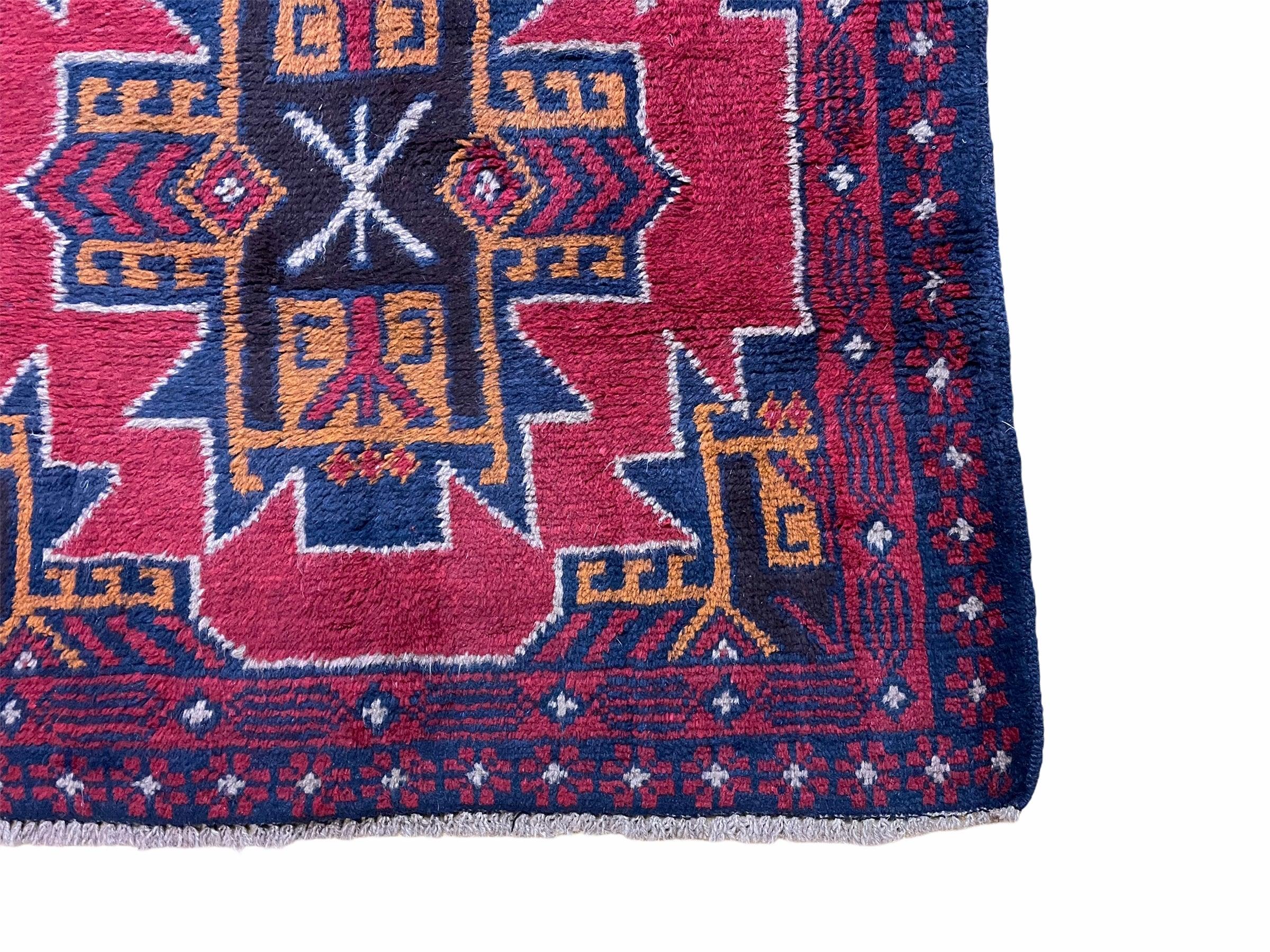 2' 8" X 4' 6" Vintage Handmade Tribal Wool Rug Balouchi Rug Afghan Rug Red Blue - Jewel Rugs