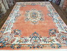 Vintage Chinese Aubusson Area Rug, Light Salmon Beige & Blue, Flowers, Plush Pile, Hand-Knotted, Chinese Art Deco Carpet, 8'3" x 11' 4" - Jewel Rugs