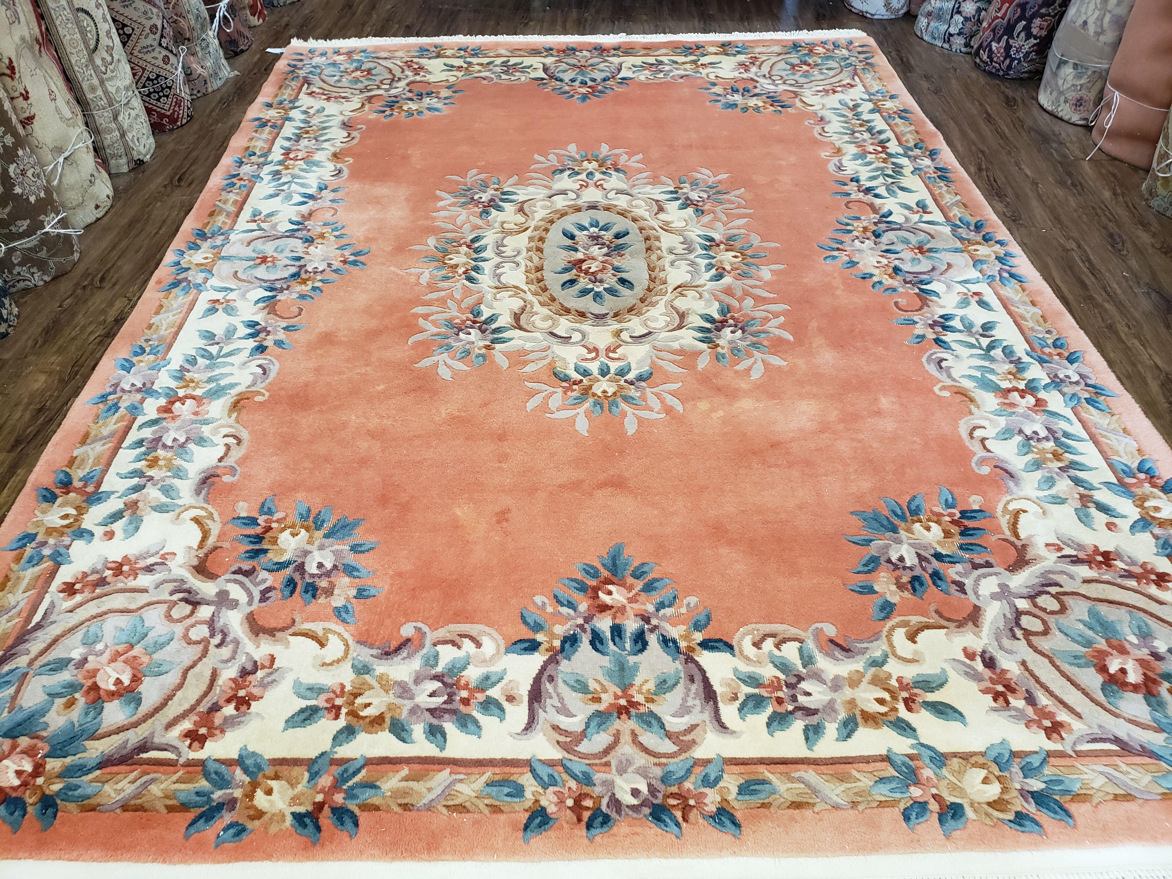 Vintage Chinese Aubusson Area Rug, Light Salmon Beige & Blue, Flowers, Plush Pile, Hand-Knotted, Chinese Art Deco Carpet, 8'3" x 11' 4" - Jewel Rugs