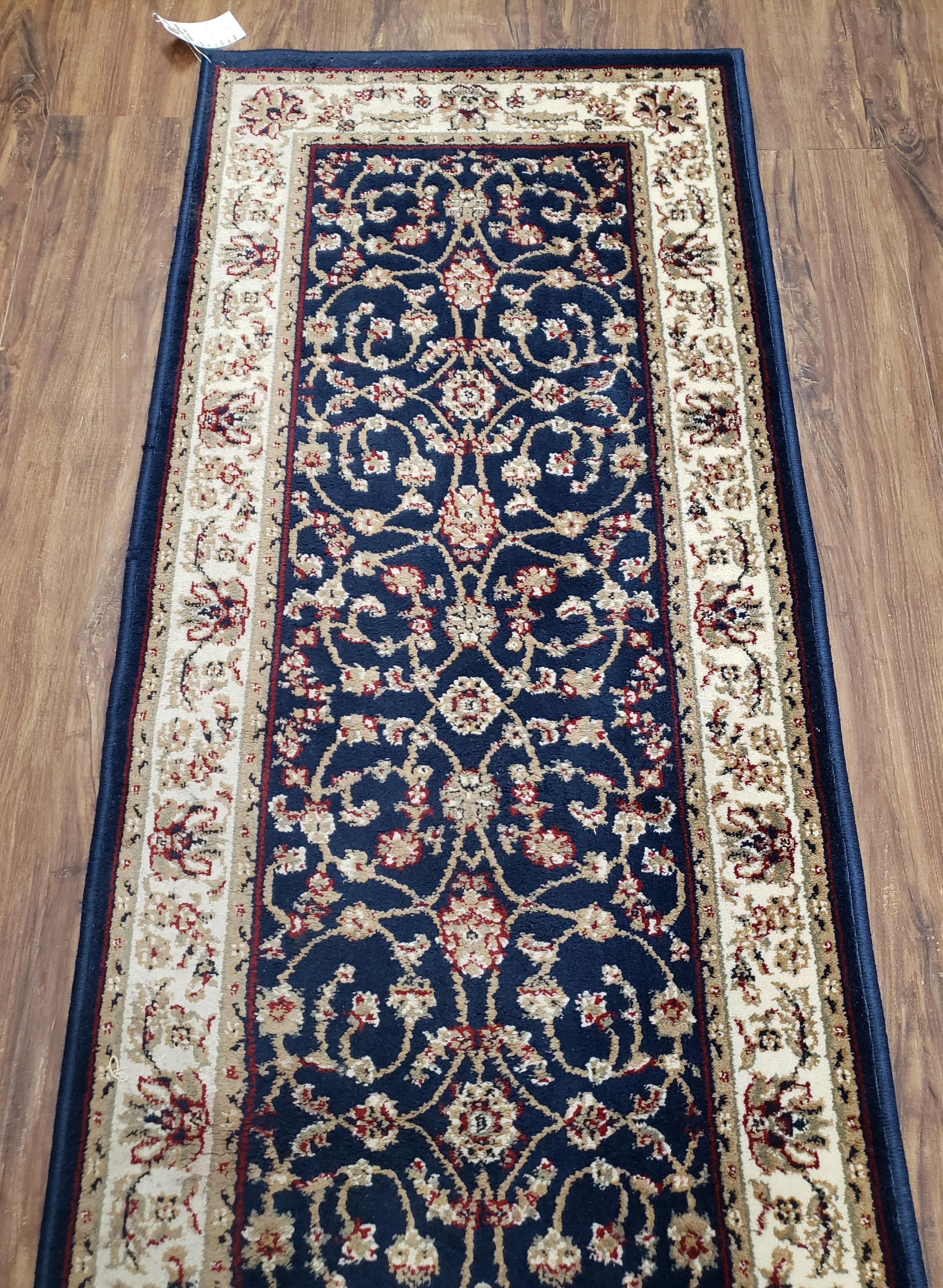 Dark Blue Vintage Runner Rug 2.2 x 7.7, Wool & Silk Feel, Italian Rug, Floral Persian Design, Soft Pile, Dark Blue Beige/Cream, Part of Set - Jewel Rugs