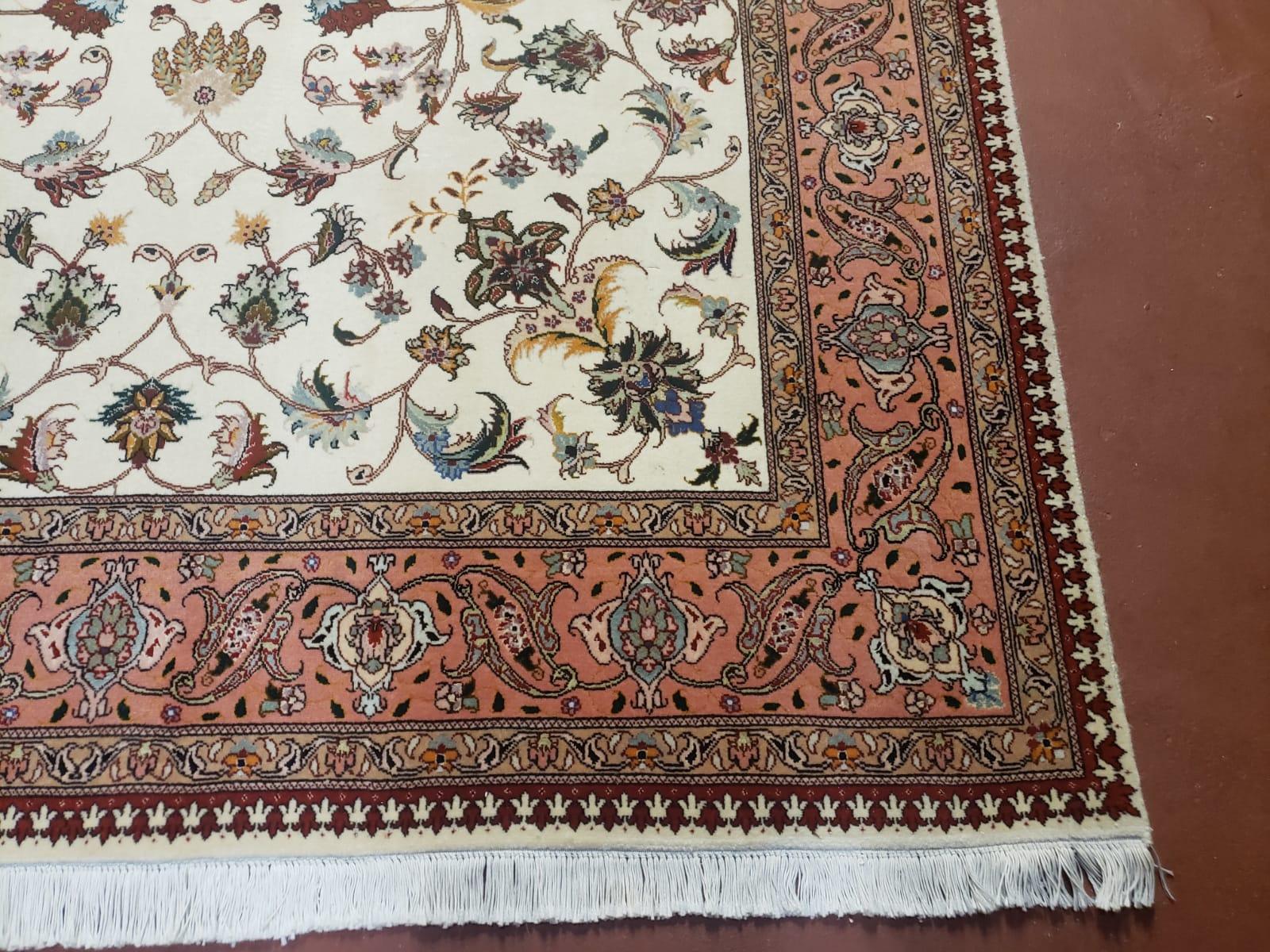 Semi Antique Persian Tabriz Rug, Beige and Salmon Red, Floral Pattern, Hand Knotted, Wool, 5x7 ft - Jewel Rugs