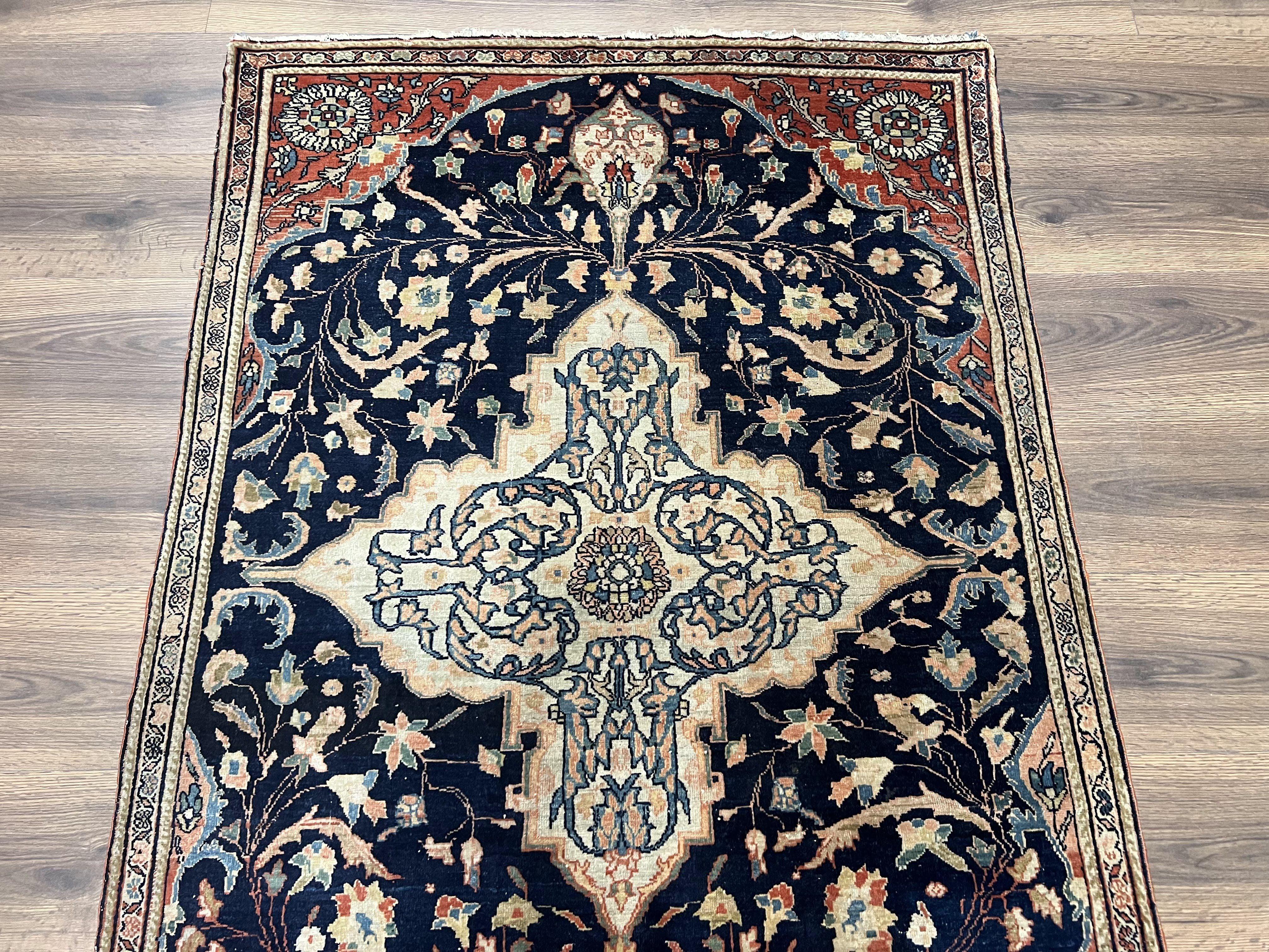 Antique Persian Rug 3.5 x 5, Sarouk Farahan Rug, High Quality 1920s Fine Oriental Carpet 3 x 5 ft, Large Medallion, Floral, Navy Blue Red, Hand Knotted Wool Rug - Jewel Rugs