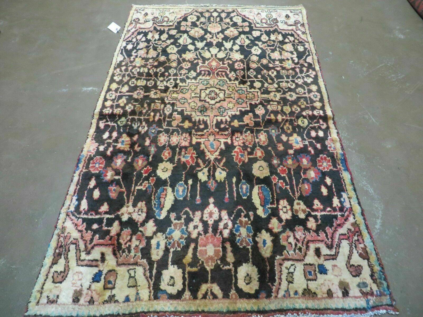 4' X 6' Antique Handmade India Floral Oriental Wool Veg Dye Dark Brown Rug Nice - Jewel Rugs