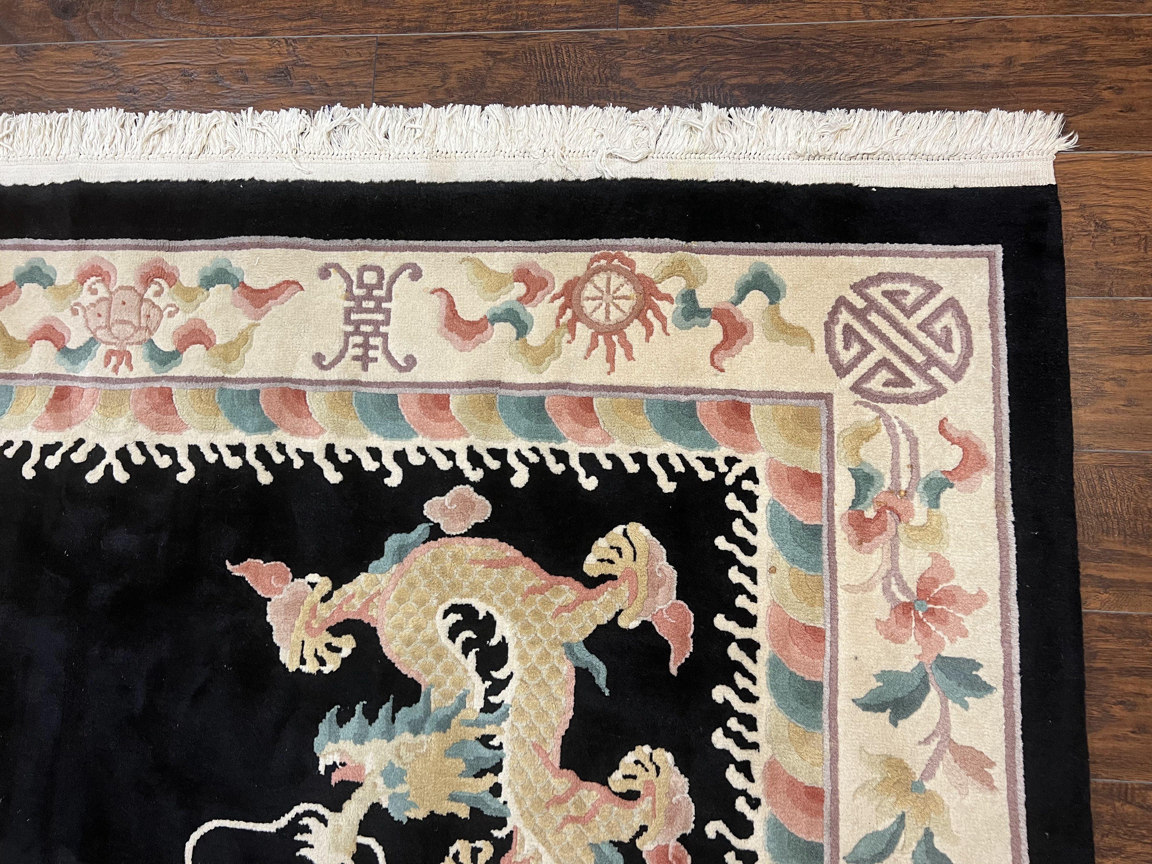 Chinese Wool Rug 8x11, Dragon Medallion and Dragon Corners, Black and Beige, Soft Wool, Asian Oriental Art Deco Carpet, Hand Knotted 90 Line - Jewel Rugs