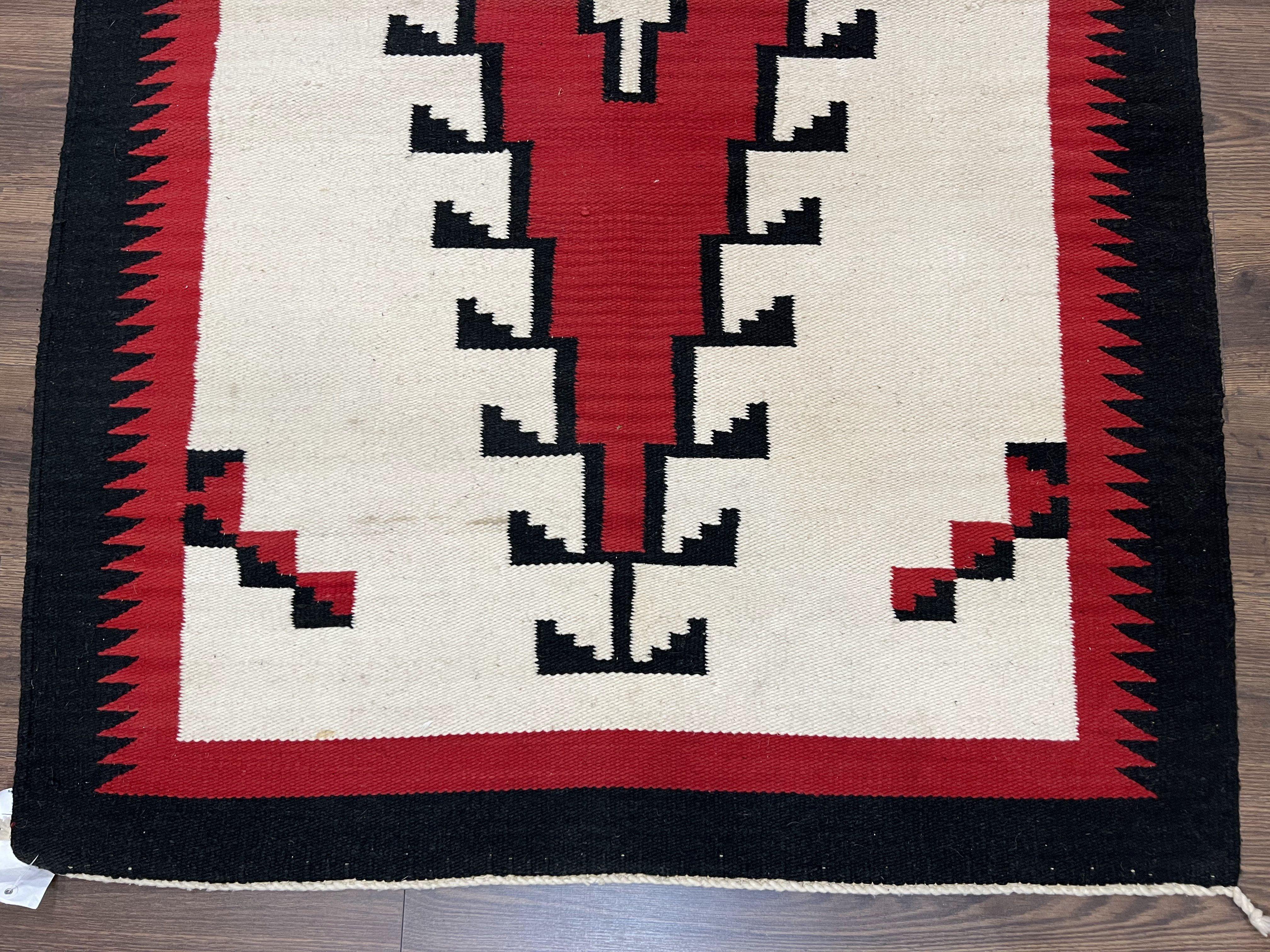 Antique Navajo Rug 4x6, Wool Handwoven Flatweave Collectible Navajo Territory Blanket, Tribal Carpet, Diamond Medallion, Ivory Red Black - Jewel Rugs