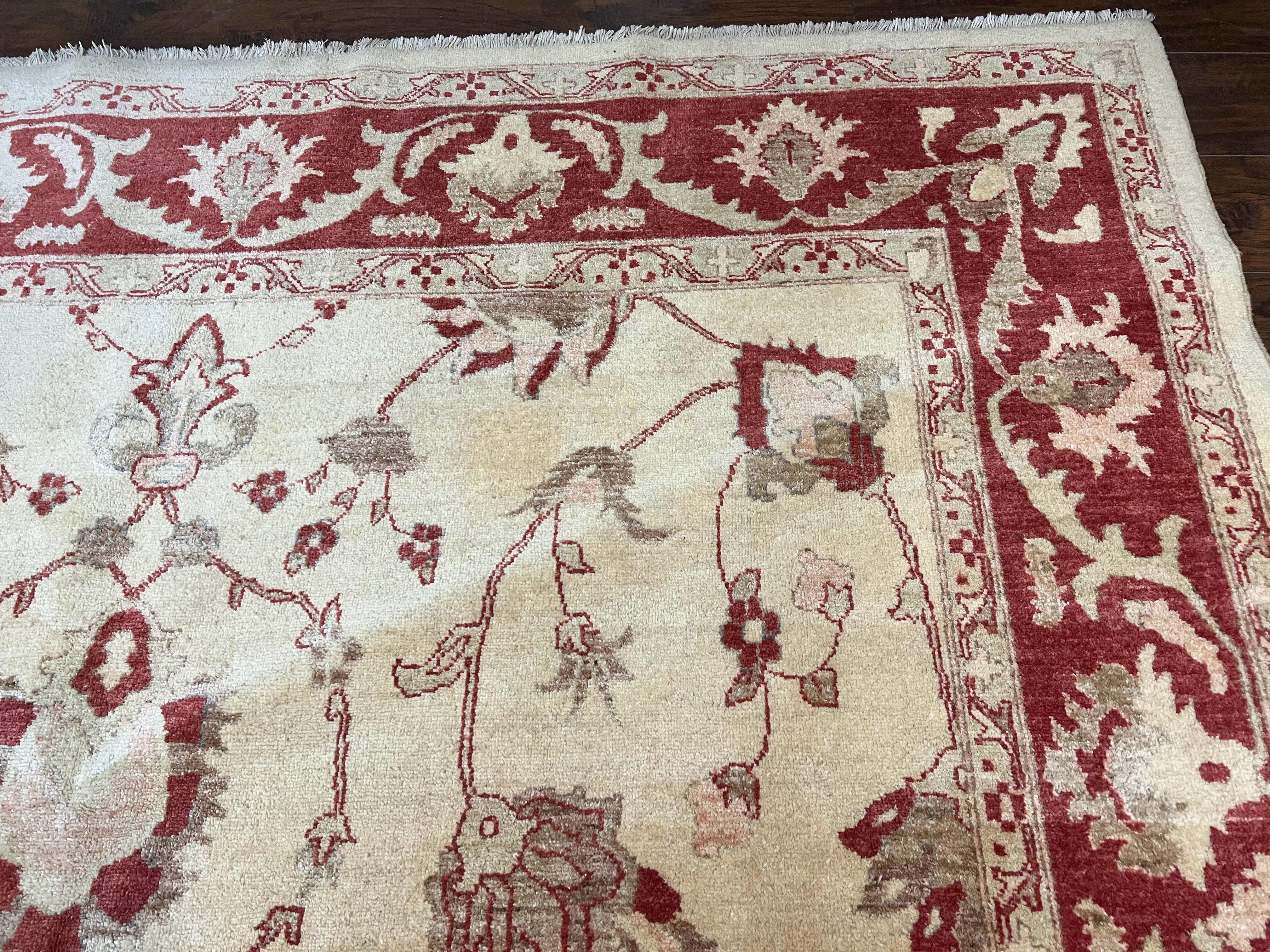 Peshawar Rug 8x12 Pakistani Carpet, Oriental Rug 8 x 12 Chobi Rug, Beige and Red, Allover Large Floral Design, Hand Knotted Vintage Wool - Jewel Rugs