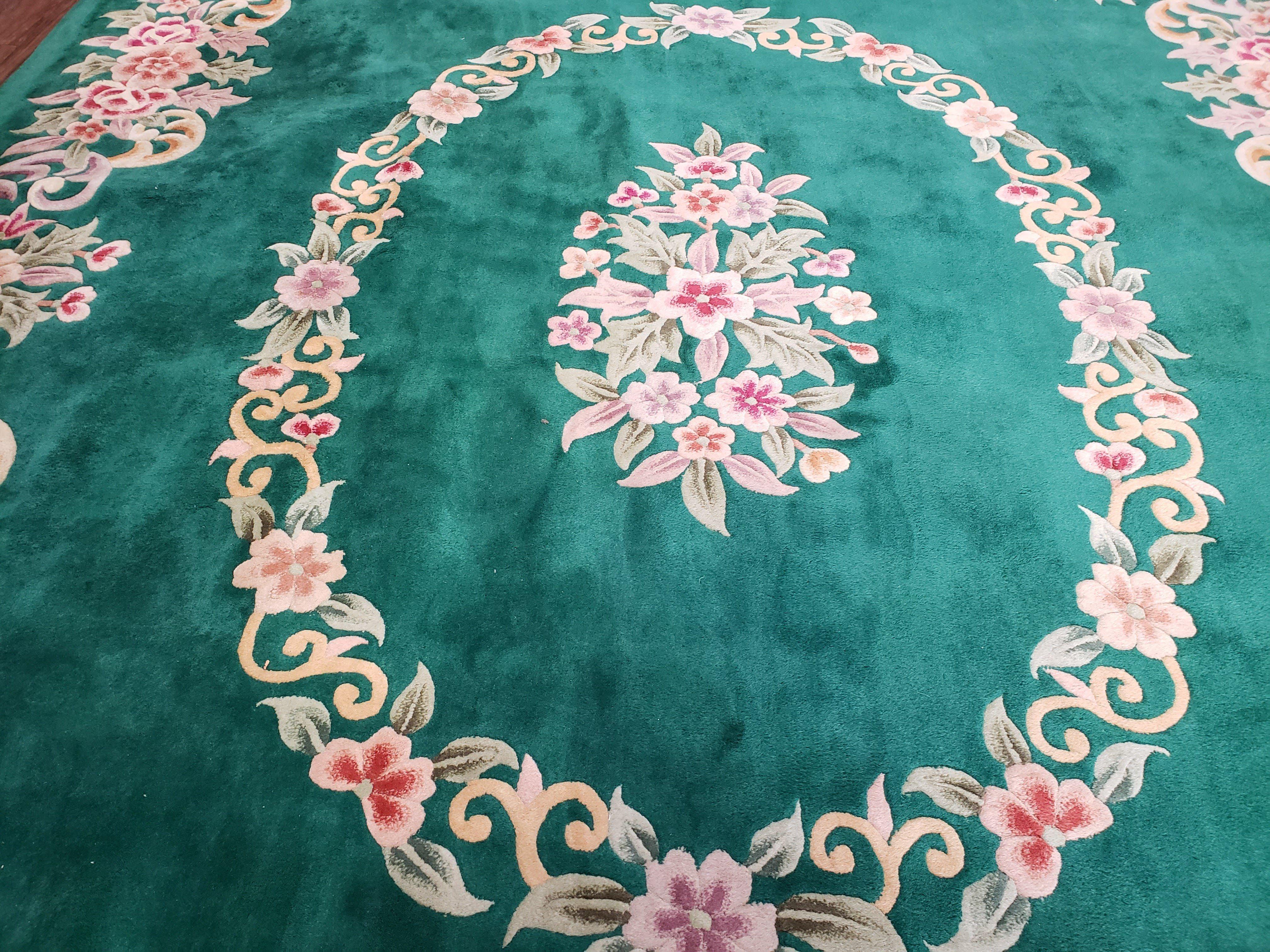 Green Chinese Aubusson Rug, Floral Design, Pile Rug, Room Sized Rug 9x12, Dining Room Living Room Bedroom Rug, European Design, Hand Tufted - Jewel Rugs