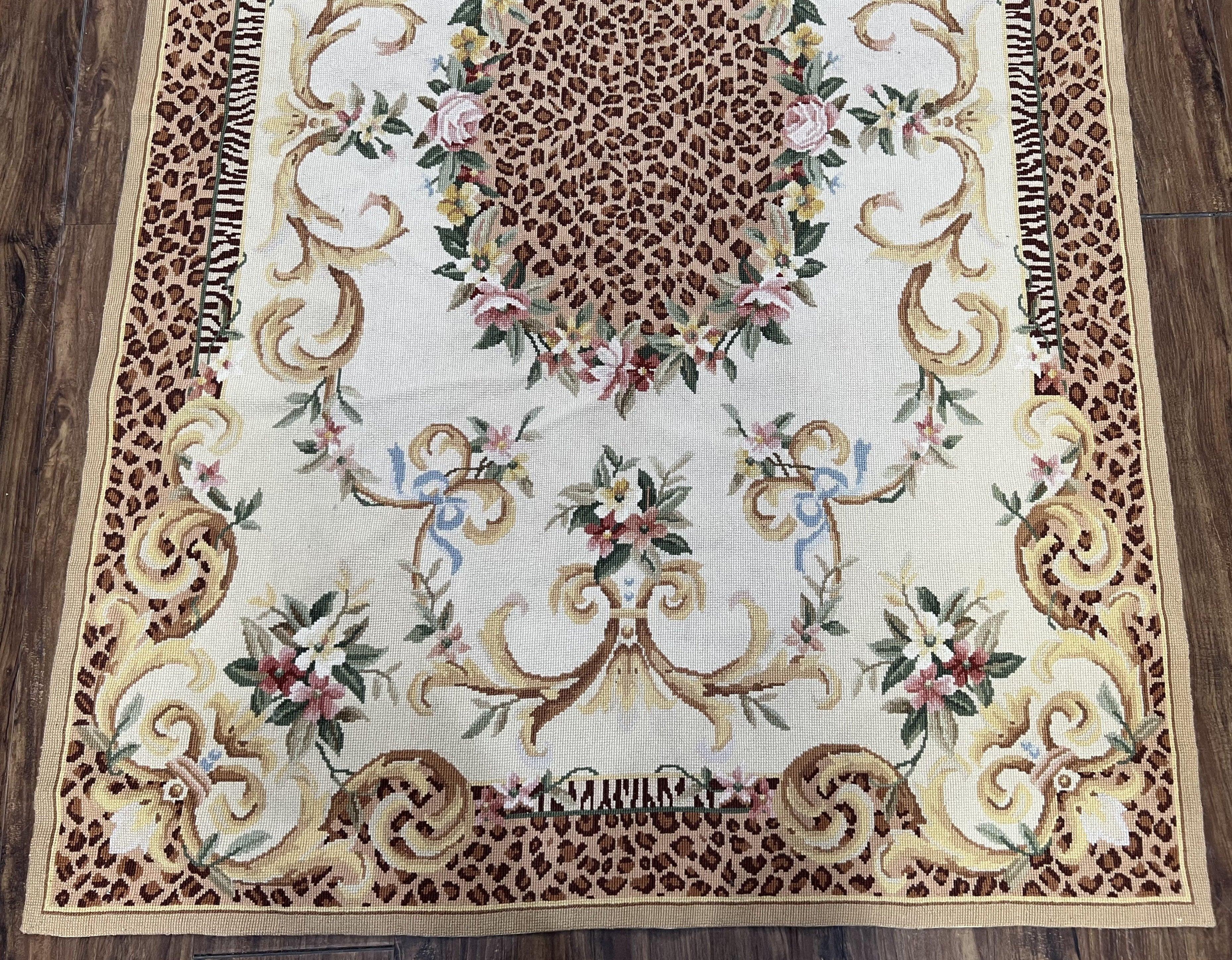 Needlepoint Rug 4x6 European Carpet, Leopard Print Rug, French Aubusson Savonnerie Design, Elegant Rug, Flatweave Rug, Wool Hand-Woven Ivory - Jewel Rugs