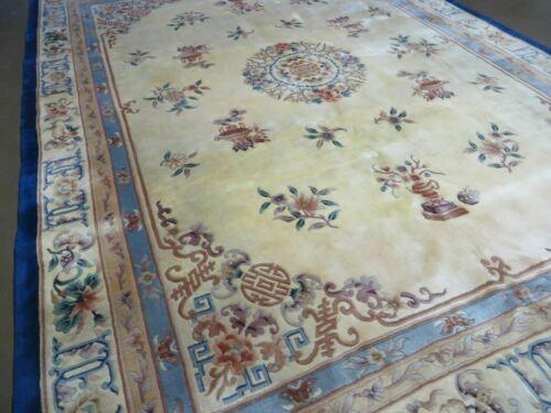 9' X 12' Vintage Hand Made CHINESE Carving Sculpture Wool Rug Flowers Vase Nice - Jewel Rugs