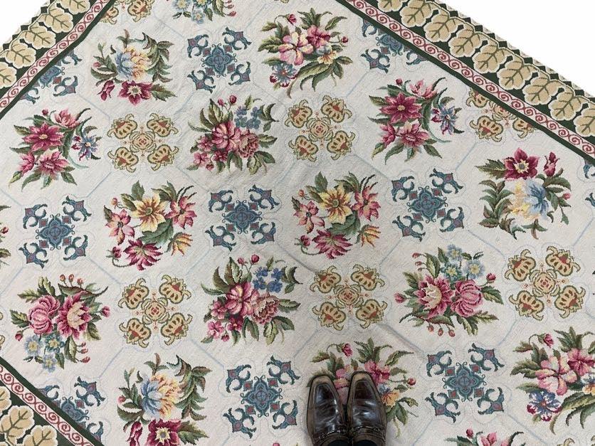 Hand-Knotted Needlepoint Carpet 6x9, Ivory/Cream Background, Colorful Flowers, Yellow Border, Aubusson Rug 6 x 9, New, Handmade - Jewel Rugs