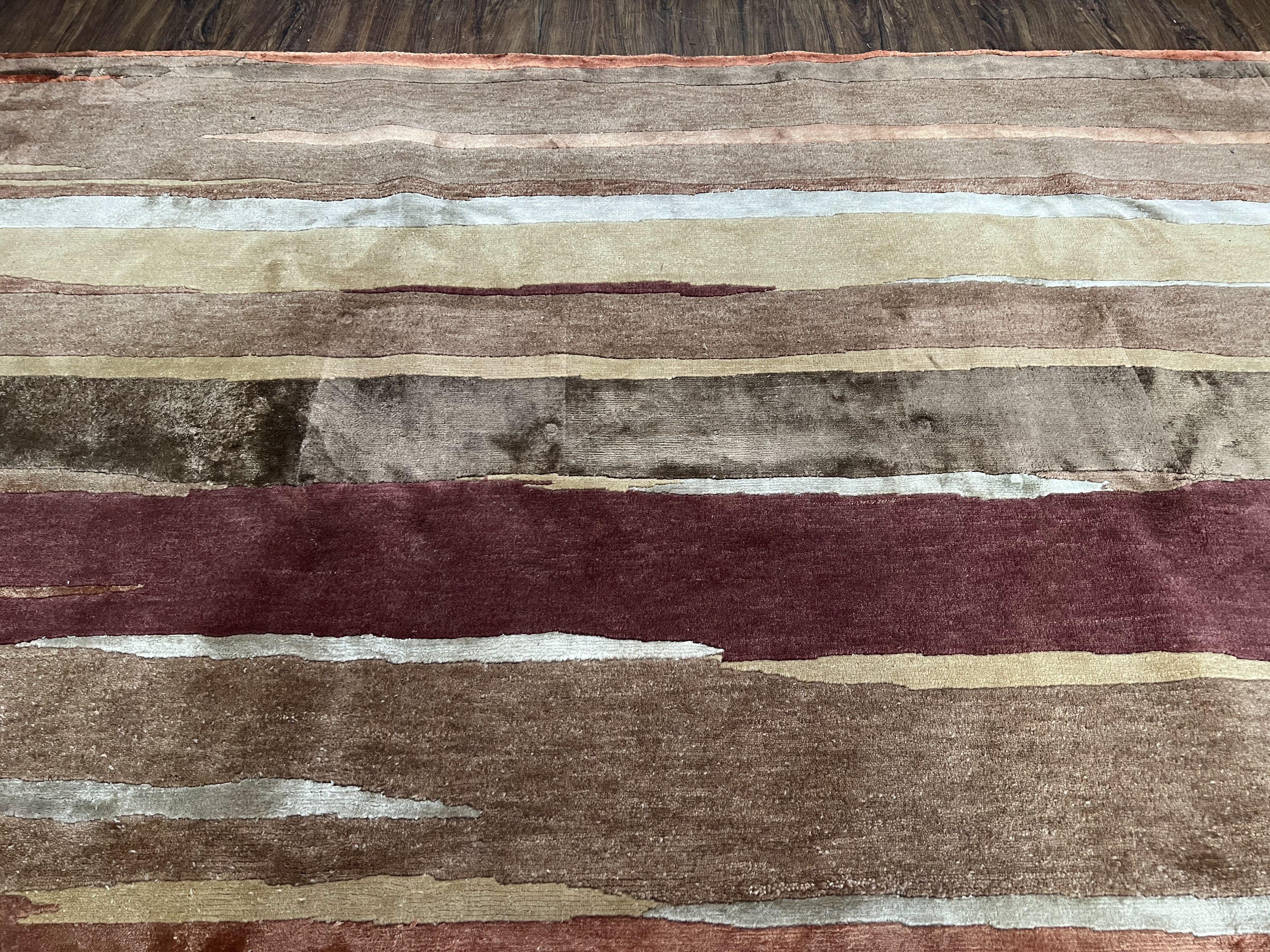 Modern Tibetan Rug 8x11 Nepali Carpet, Shiny Velvely Soft Wool and Silk, Contemporary Hand Knotted Rug, Striped Design, Wool Area Rug 8 x 11 - Jewel Rugs