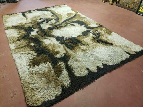 6' X 9' Vintage 1960 Danish Rya Shag DeLuxe Ege Rug Mid-Century Modern Ivory Brown - Jewel Rugs