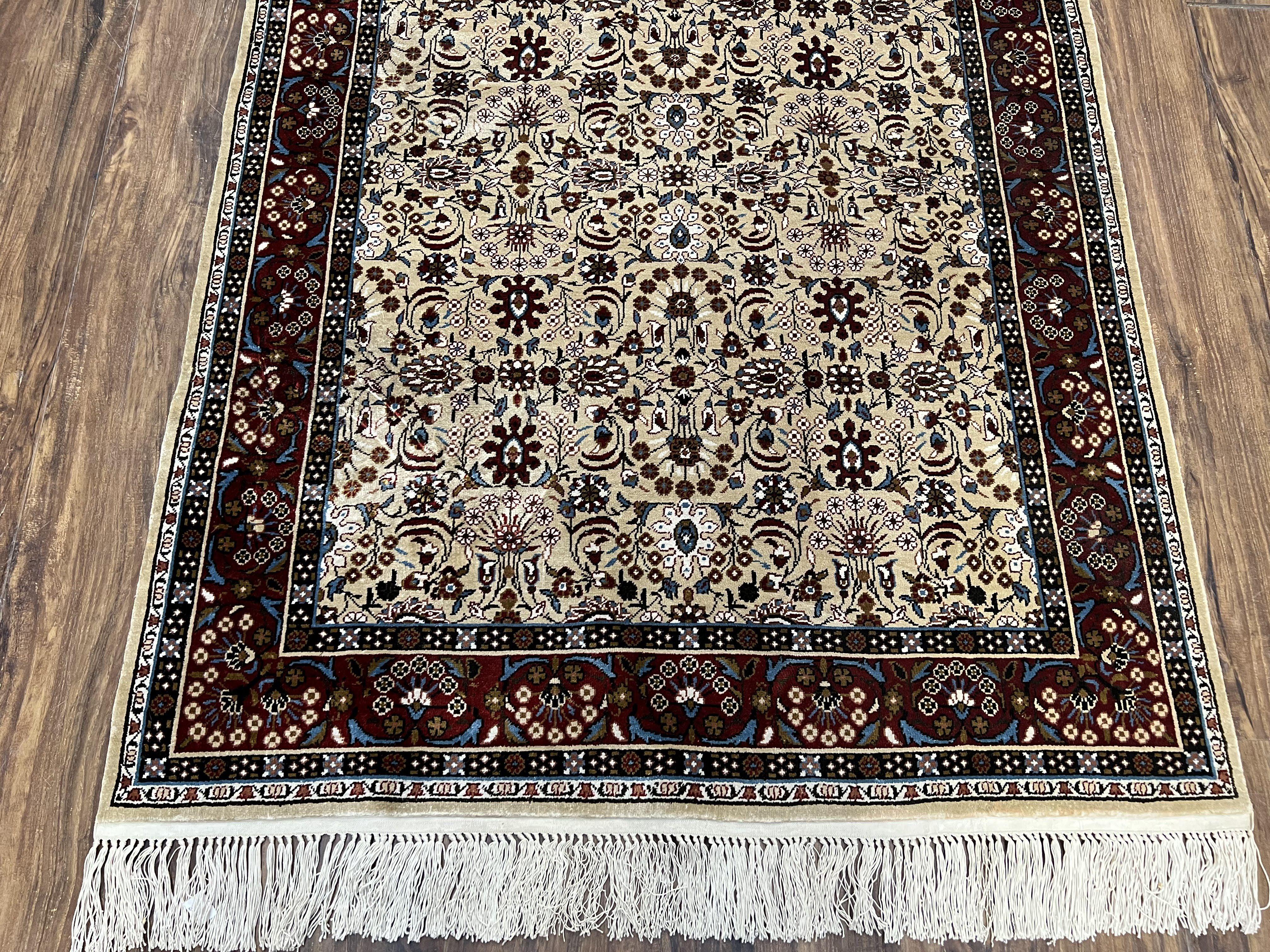 Fine Sino-Persian Silk Rug 3x5, High Quality Silk Carpet, Handmade Small Silk Rug, Allover Repeated Motif, Tan Maroon Blue Vintage Silk Rug - Jewel Rugs