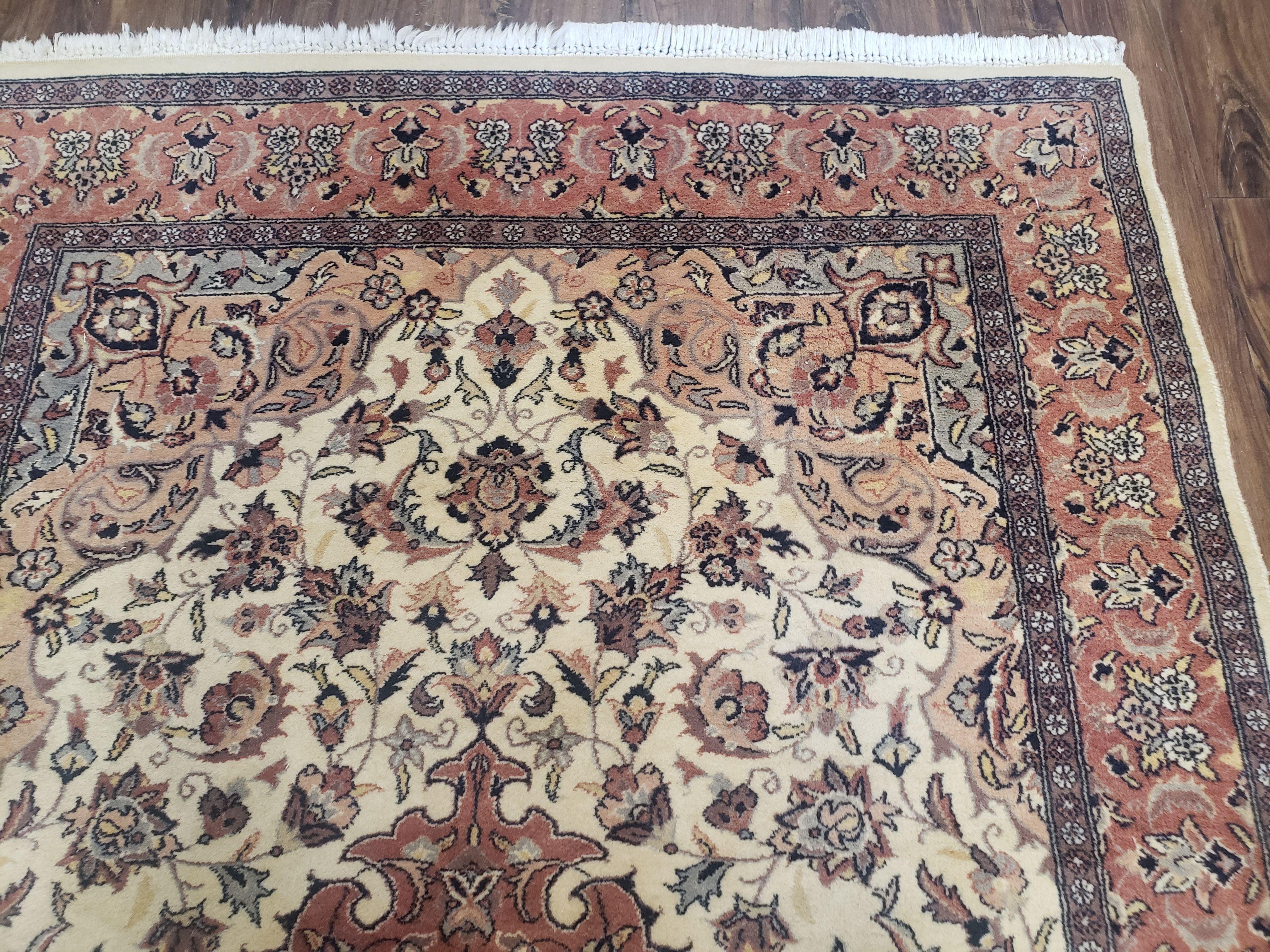 4x6 Handmade Top Quality Pakistani Floral Wool Rug Veg Dyes Carpet Beige Salmon - Jewel Rugs