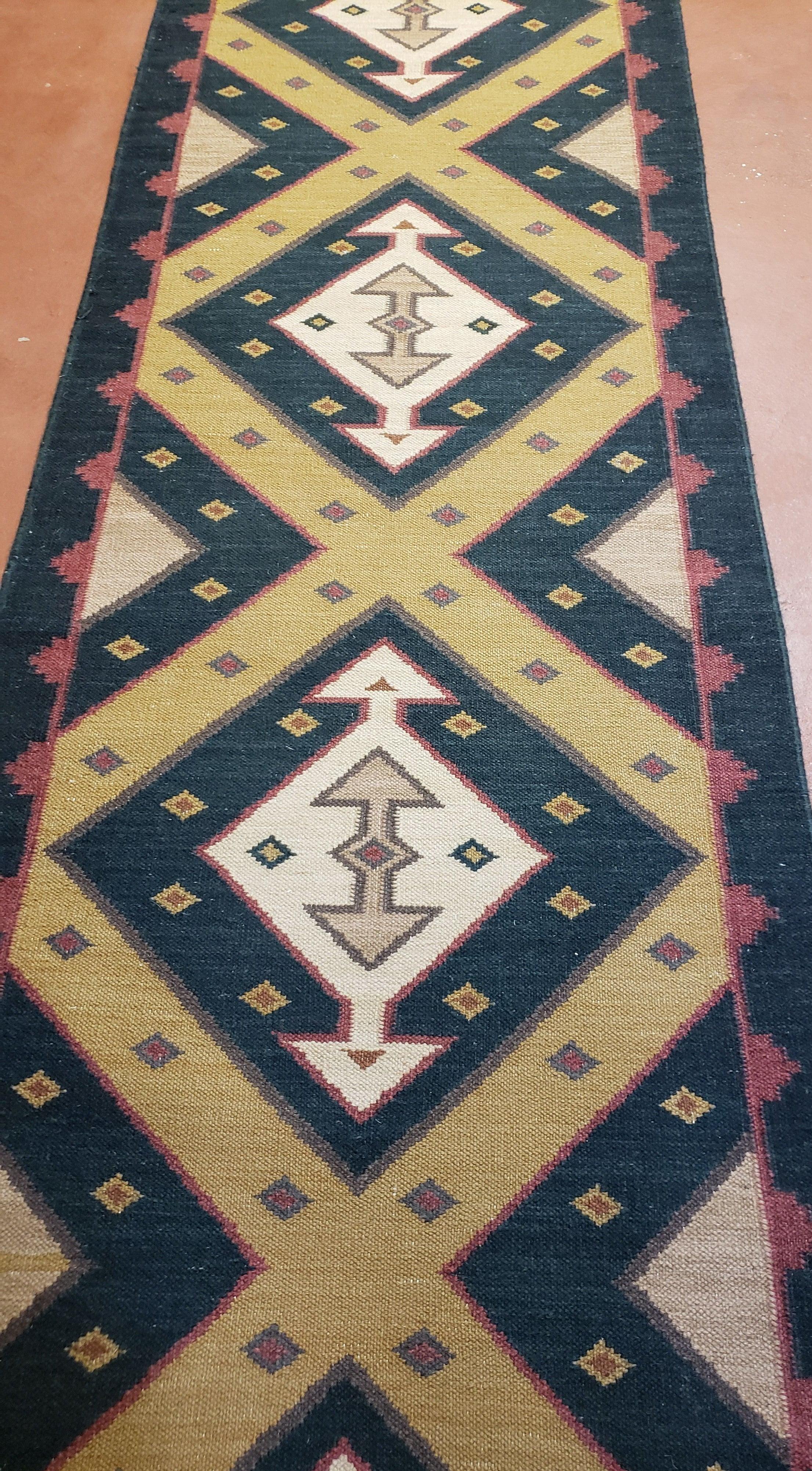 Vintage Indian Kilim Runner Rug, Geometric Flatweave Hand-Knotted Wool Kitchen Hallway Runner, Black Gold & Beige, 2' 8" x 9' 9" - Jewel Rugs