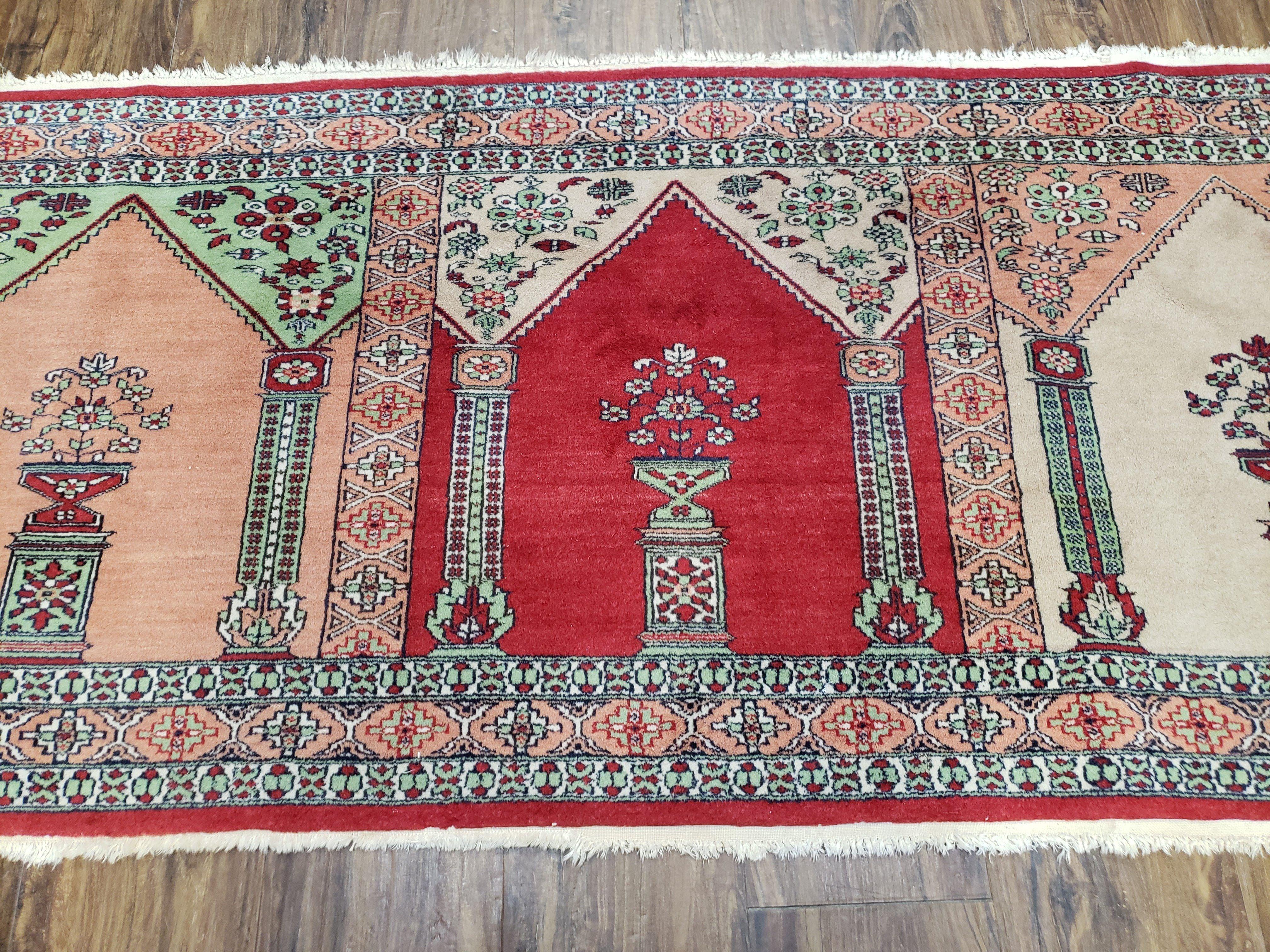 Vintage Turkish Triple Mehrab Area Rug 2.7 x 6.6, Wool Hand-Knotted Horizontal Carpet, Fine Weave, Red Peach Ivory, Nice - Jewel Rugs