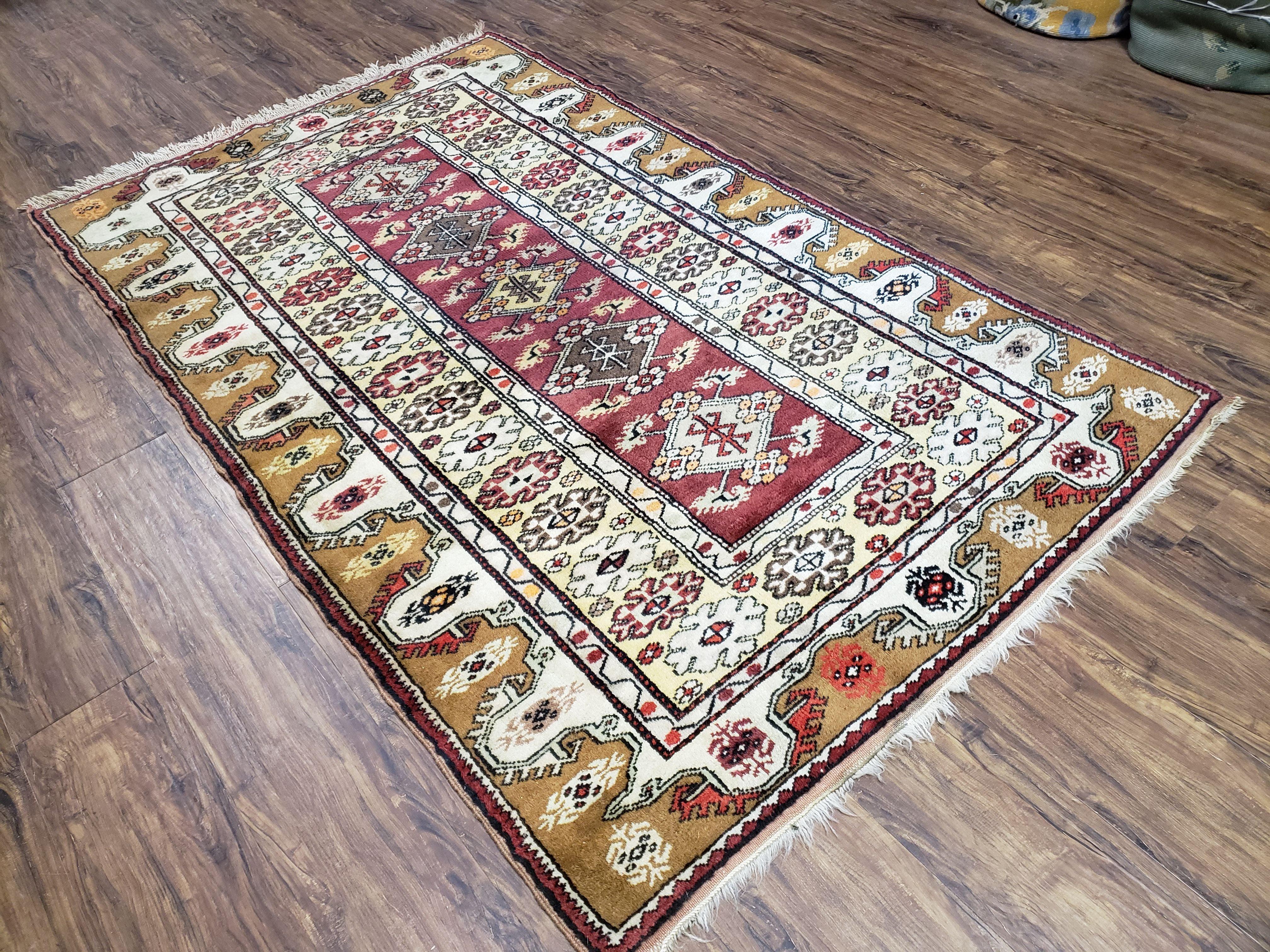 Turkish Caucasian Rug 4x7, Vintage Hand-Knotted Wool Turkish Talish Carpet 4 x 7, Cream, Burnt Orange Carmine Red Area Rug, Bohemian Rug - Jewel Rugs