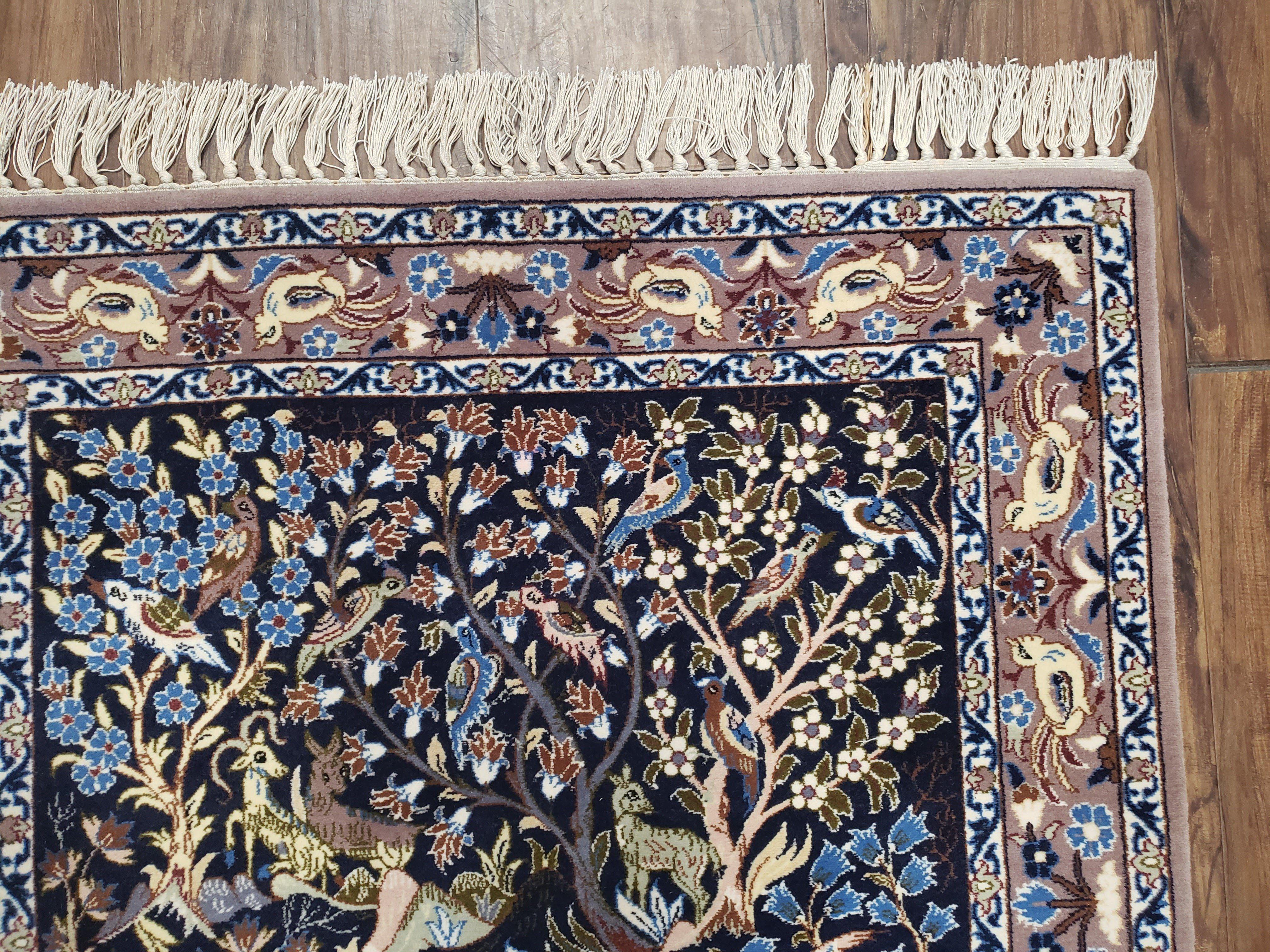 Semi Antique Persian Isfahan Rug, Hand-Knotted, Tree of Life Pattern with Animal Motifs, Dark Blue and Taupe, Kork Wool on Silk Foundation, 2'4" x 3'5" - Jewel Rugs