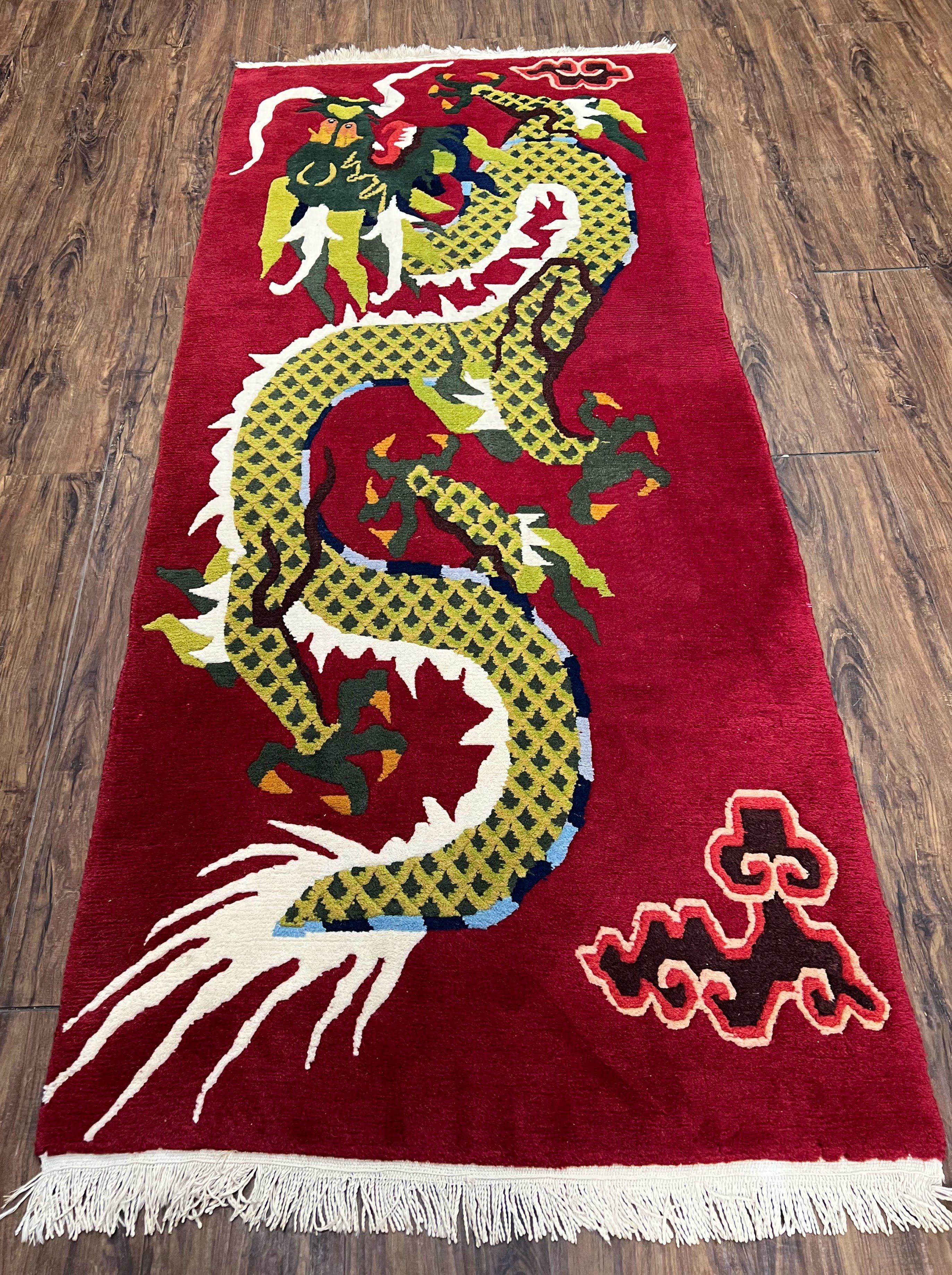 Vintage Chinese Dragon Rug 3 x 6.8, Handmade Hand Knotted Red Chinese Carpet with Gold Dragon, Art Deco Peking Soft Chinese Rug Runner - Jewel Rugs