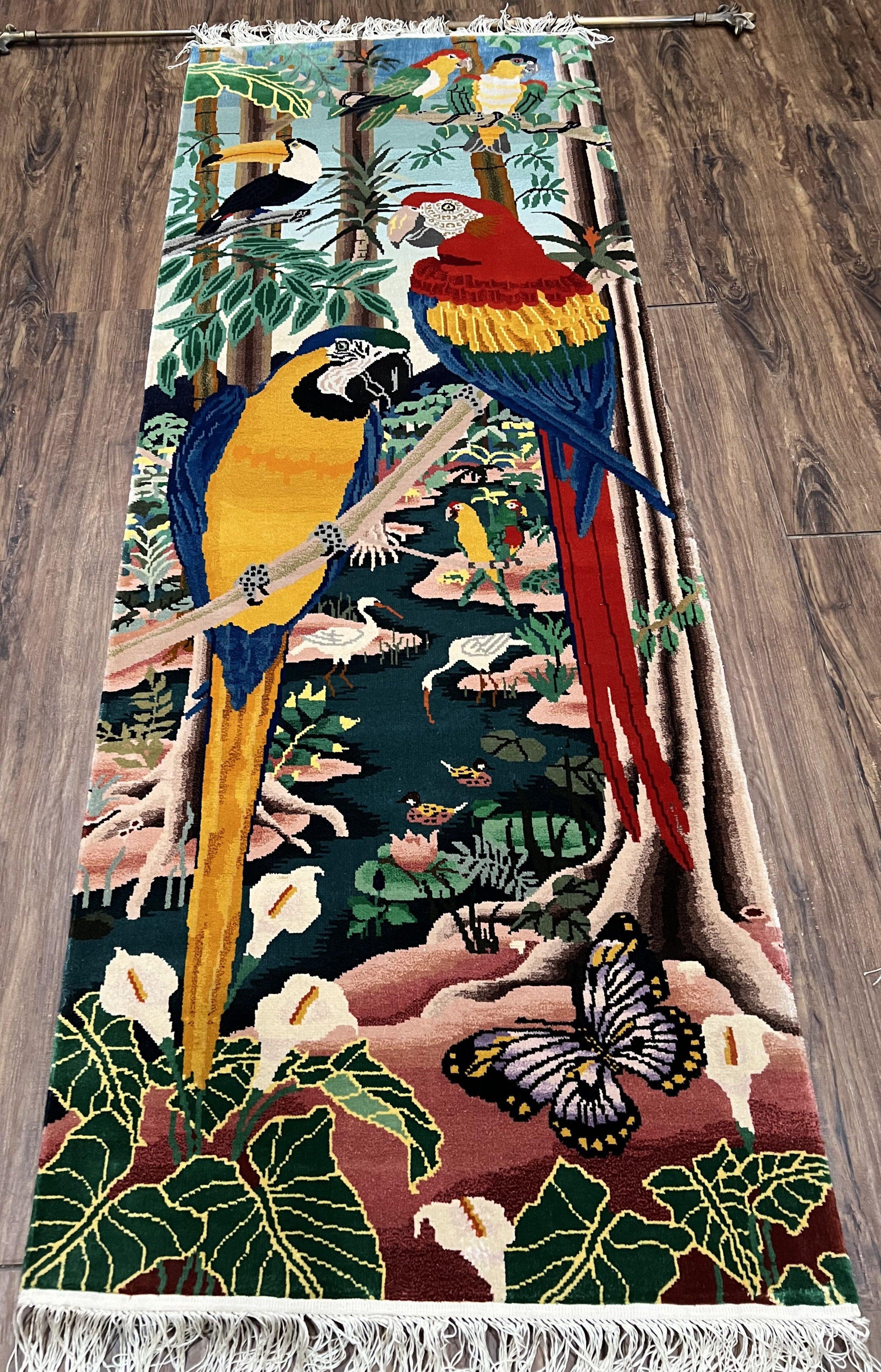 Chinese Wall Hanging Tapestry with Rod 2 x 6, Parrots Butterflies Safari Scene, Soft Wool on Silk Foundation, Handmade Hand Knotted Vintage - Jewel Rugs