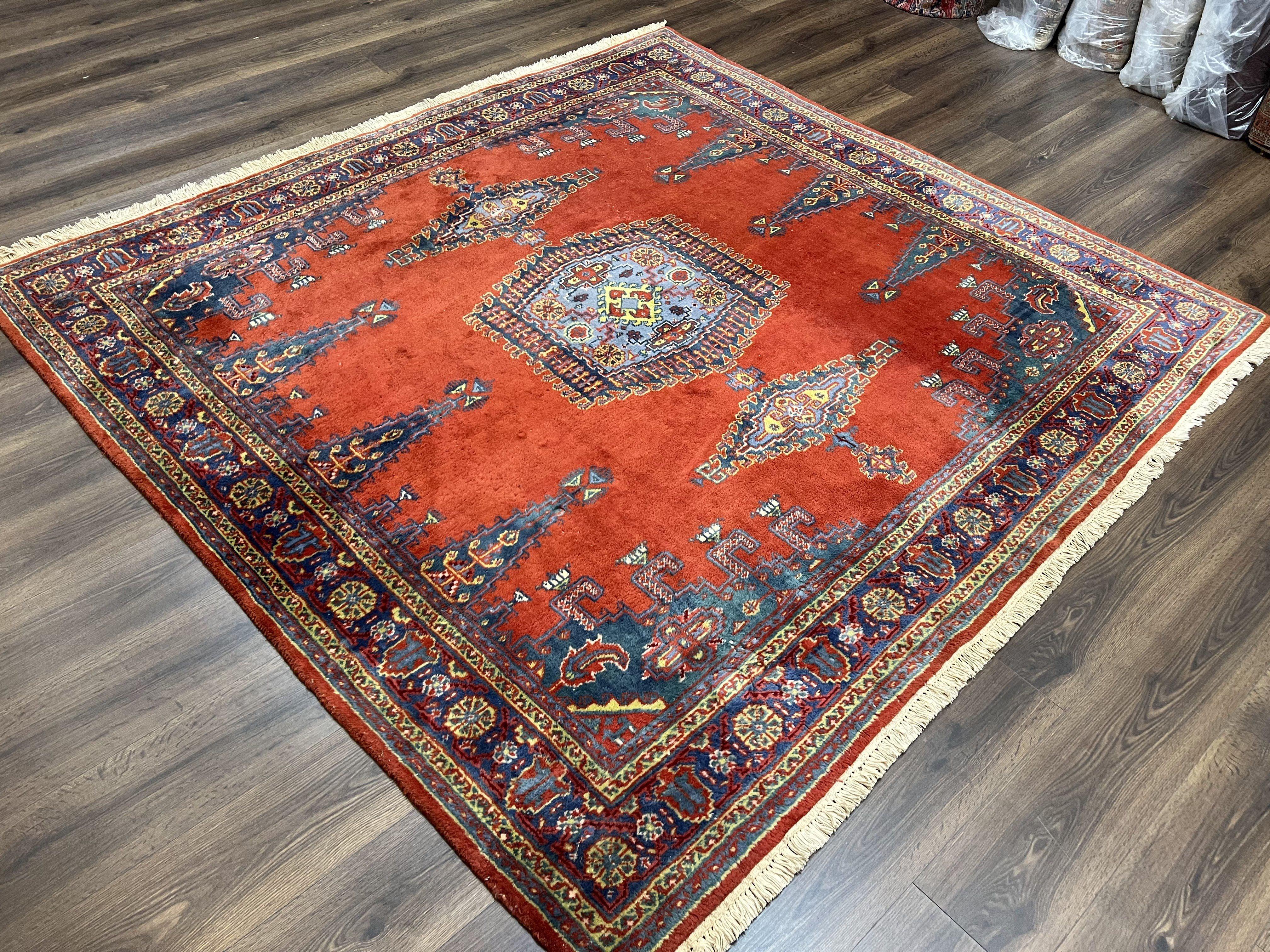 Square Persian Rug 7.7 x 7.3, Red and Blue Persian Wiss/Viss Hand Knotted Carpet, Antique Wool Oriental Tribal Rug, Boho Rug, Geometric Medallions - Jewel Rugs