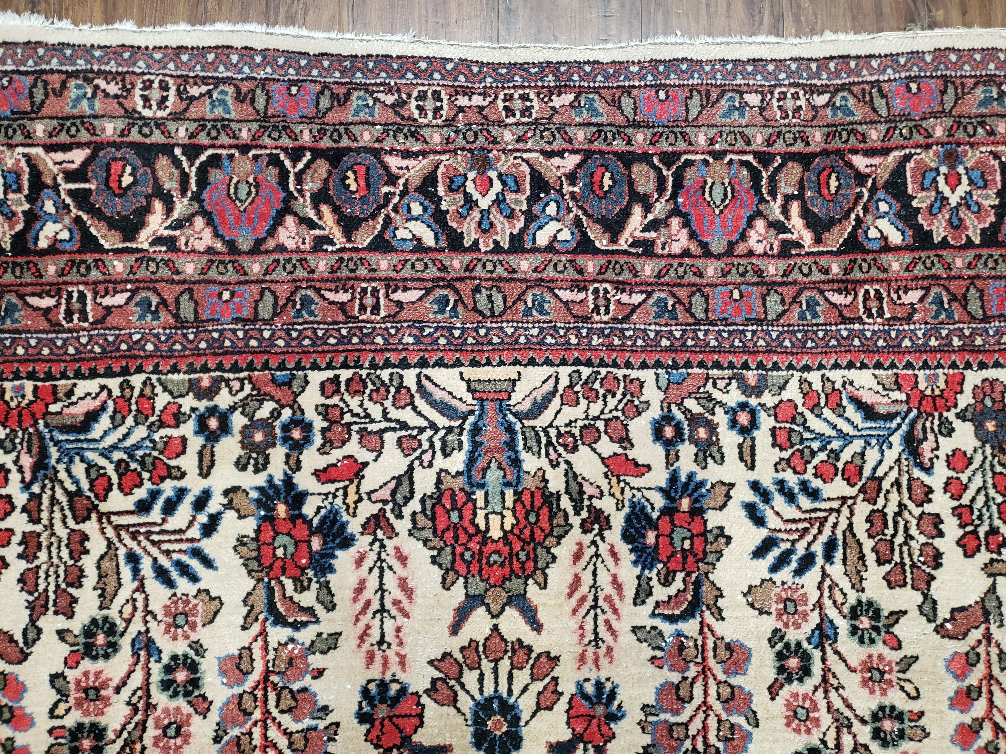 Semi Antique Persian Hamadan Dargazin Rug, Ivory Red Midnight Blue, Hand-Knotted, Wool, Allover Floral, 8'9" x 11' 9" - Jewel Rugs