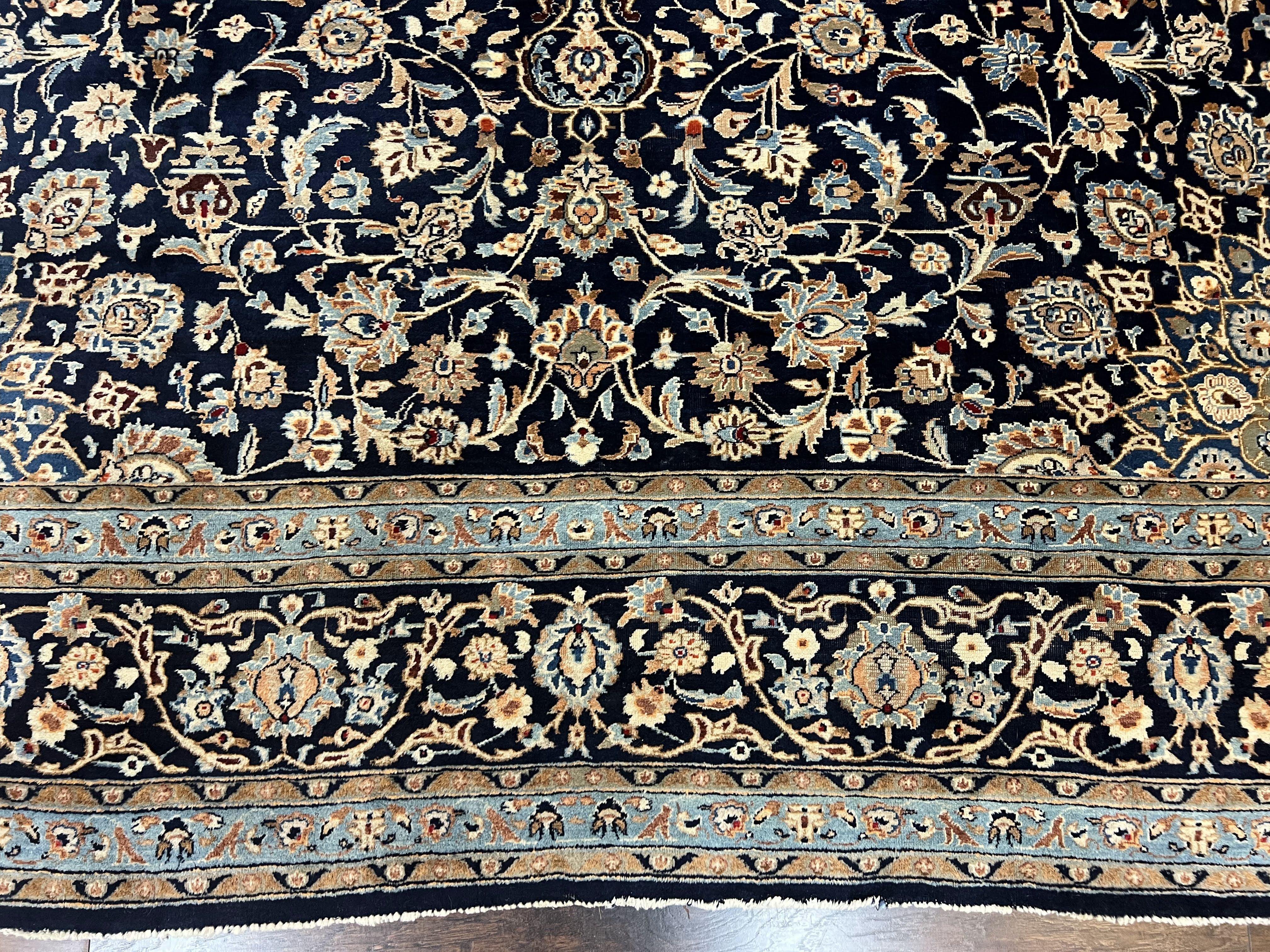 Wonderful Persian Kashan Rug 10x13, Navy Blue Light Blue Tan, Hand Knotted Wool Oriental Carpet Floral Allover Medallion 1950s Semi Antique Vintage - Jewel Rugs