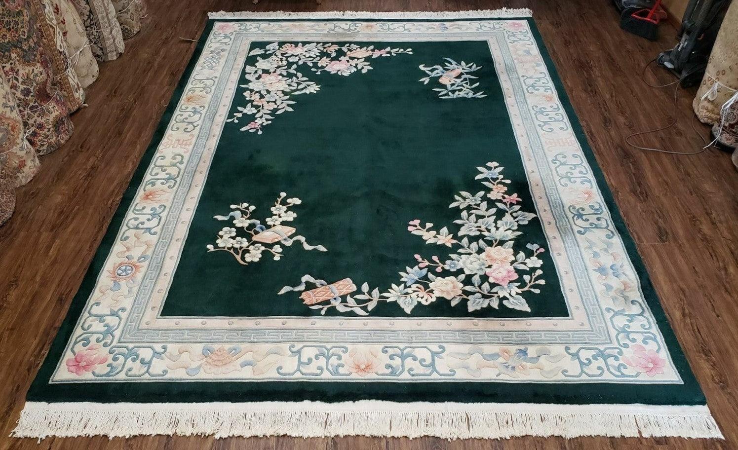 Chinese Wool Rug 8x11 Vintage Handmade Carved Sculpture Carpet Dark Green Floral - Jewel Rugs