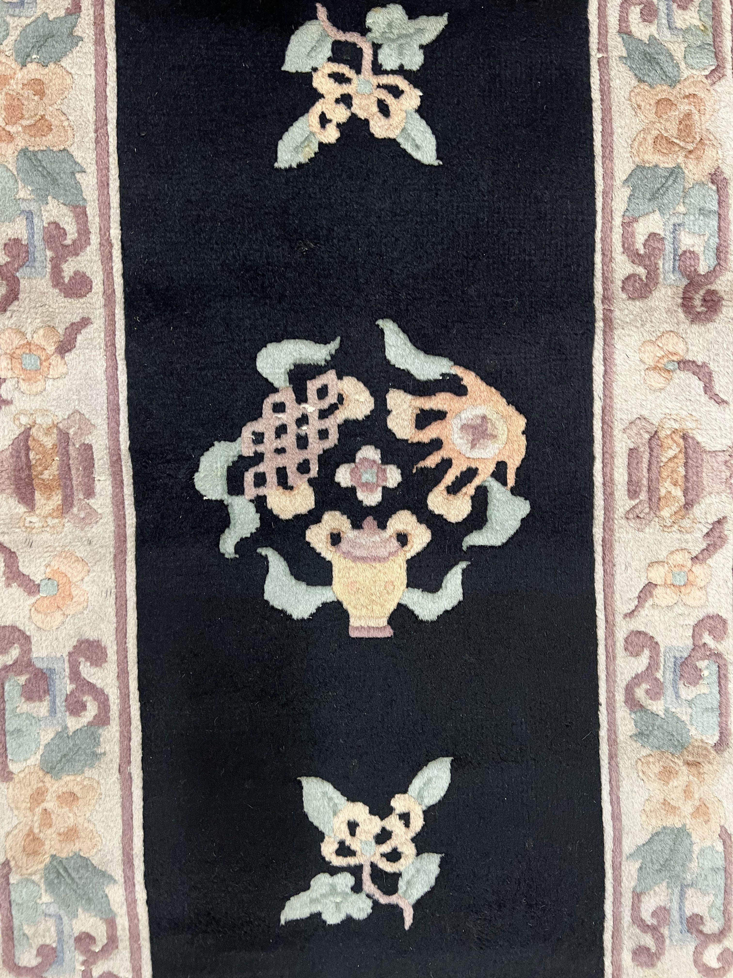 Small Chinese Wool Rug 2.6 x 4.7, Black Asian Oriental Rug, Floral Vases Vintage 1960s Handmade Carpet, 3x5 Art Deco Rug, 90 Line Rug - Jewel Rugs