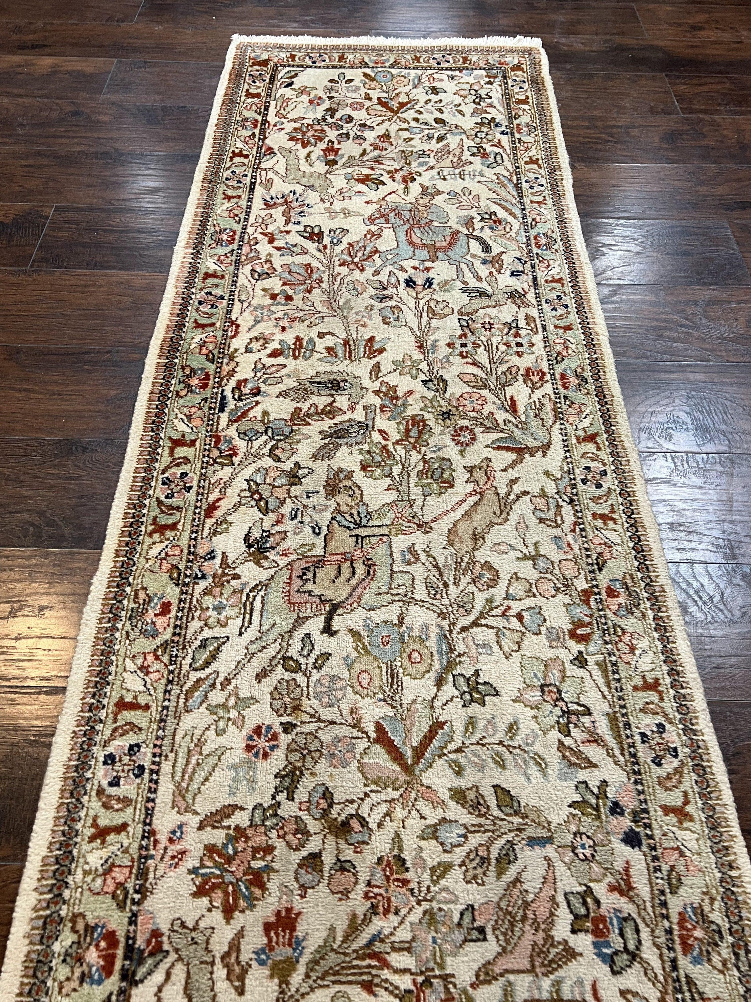 Persian Taba Tabaie Tabriz Runner Rug 2.6 x 15 ft Long Runner, Vintage Persian Runner, Hunting Scene, Horses Flowers, Beige Opal, High Quality, Wool Runner - Jewel Rugs