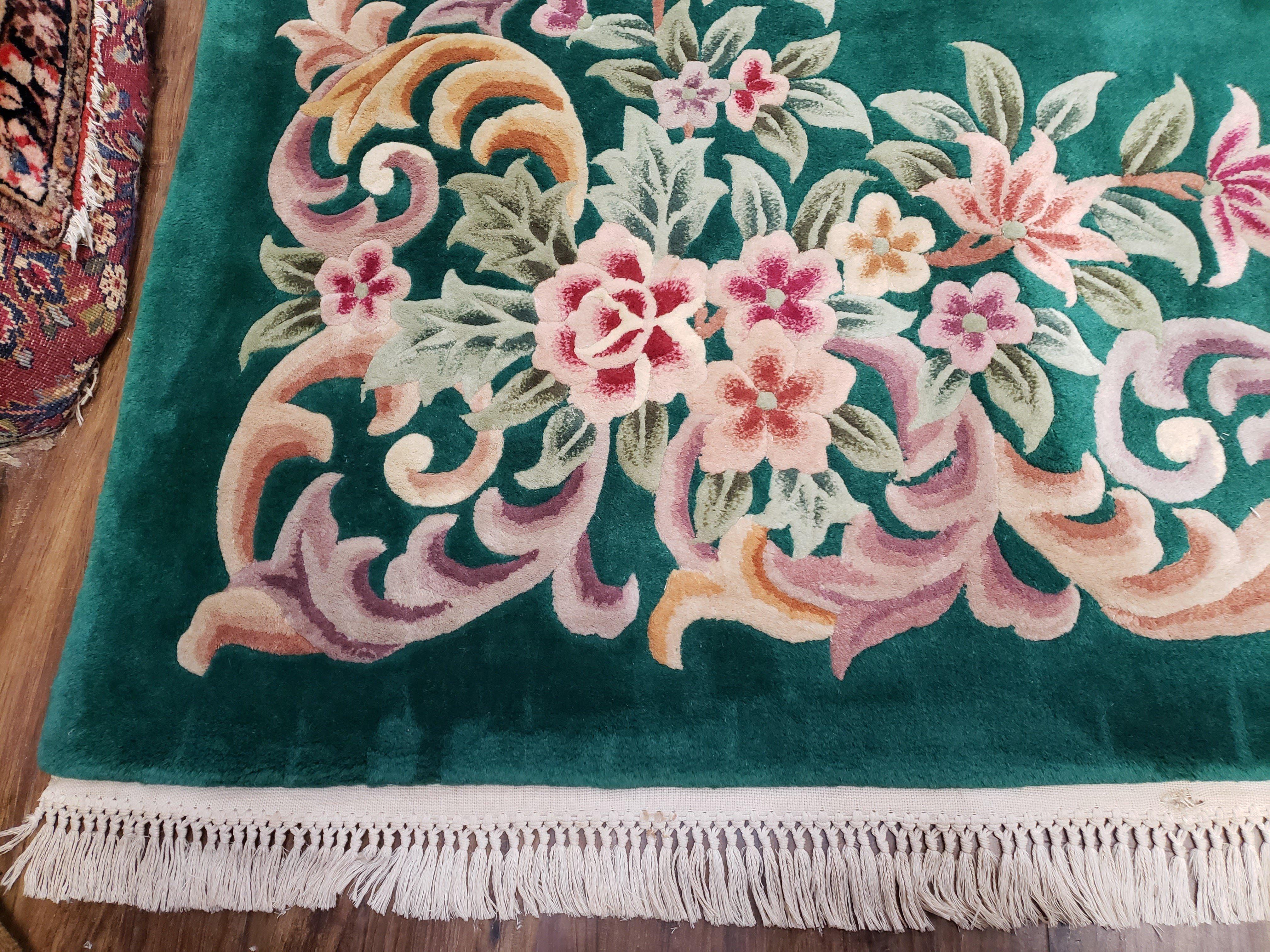 Green Chinese Aubusson Rug, Floral Design, Pile Rug, Room Sized Rug 9x12, Dining Room Living Room Bedroom Rug, European Design, Hand Tufted - Jewel Rugs