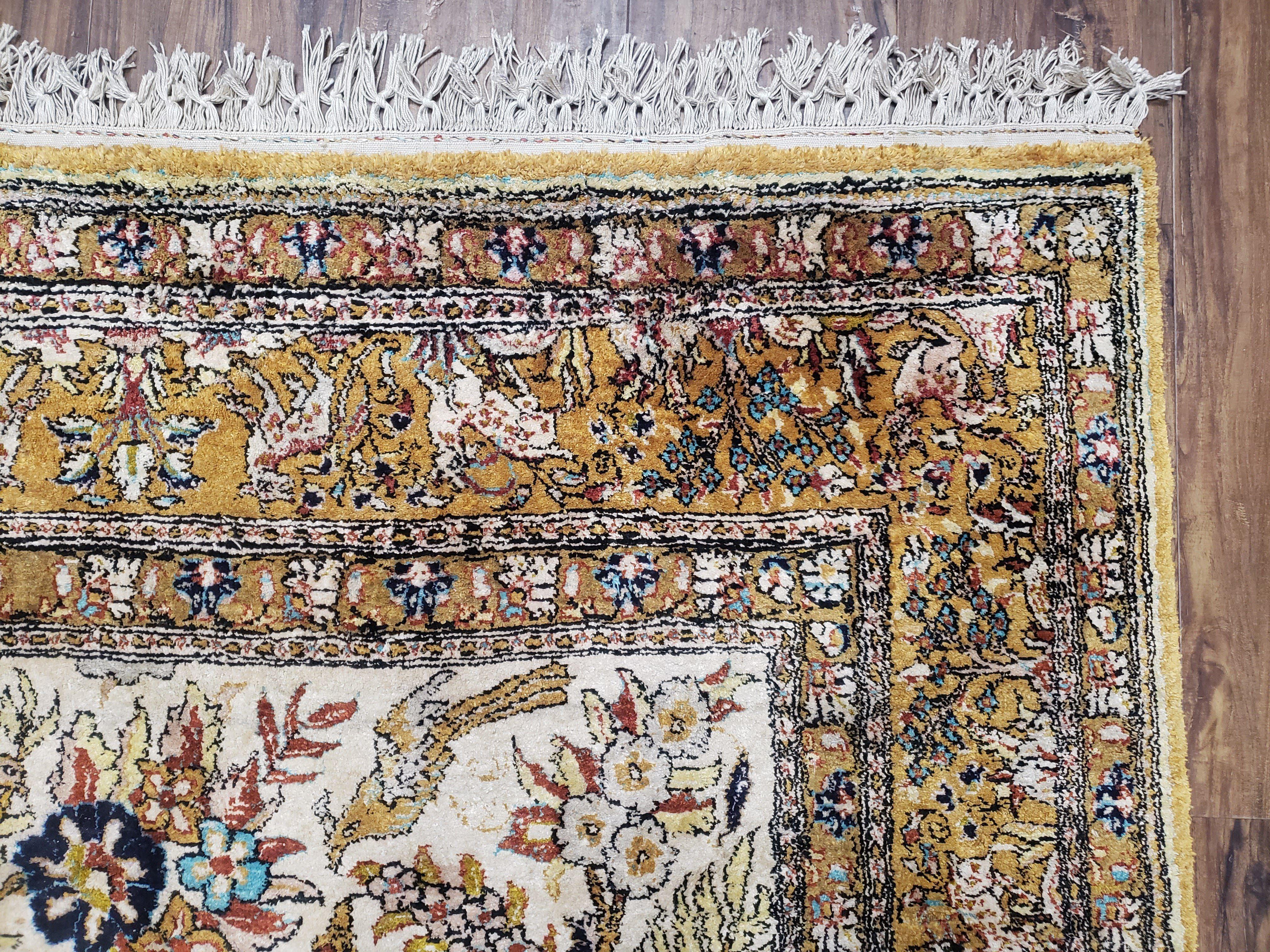 Stunning Semi Antique Silk Persian Qum Tree of Life Rug, Animal Motifs, Hand-Knotted, Cream and Gold, 4'8" x 7' 2" - Jewel Rugs