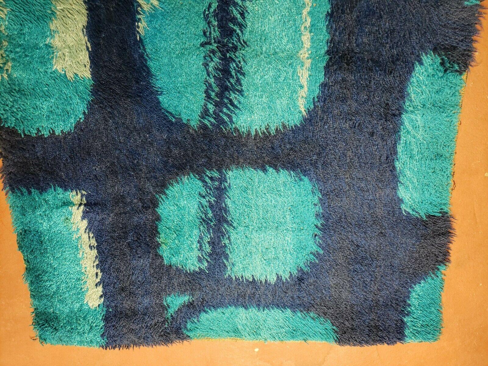 3' 3" X 5' 2" Vintage Danish Rya Shag DeLuxe Ege Rug Mid-Century Modern Blue - Jewel Rugs