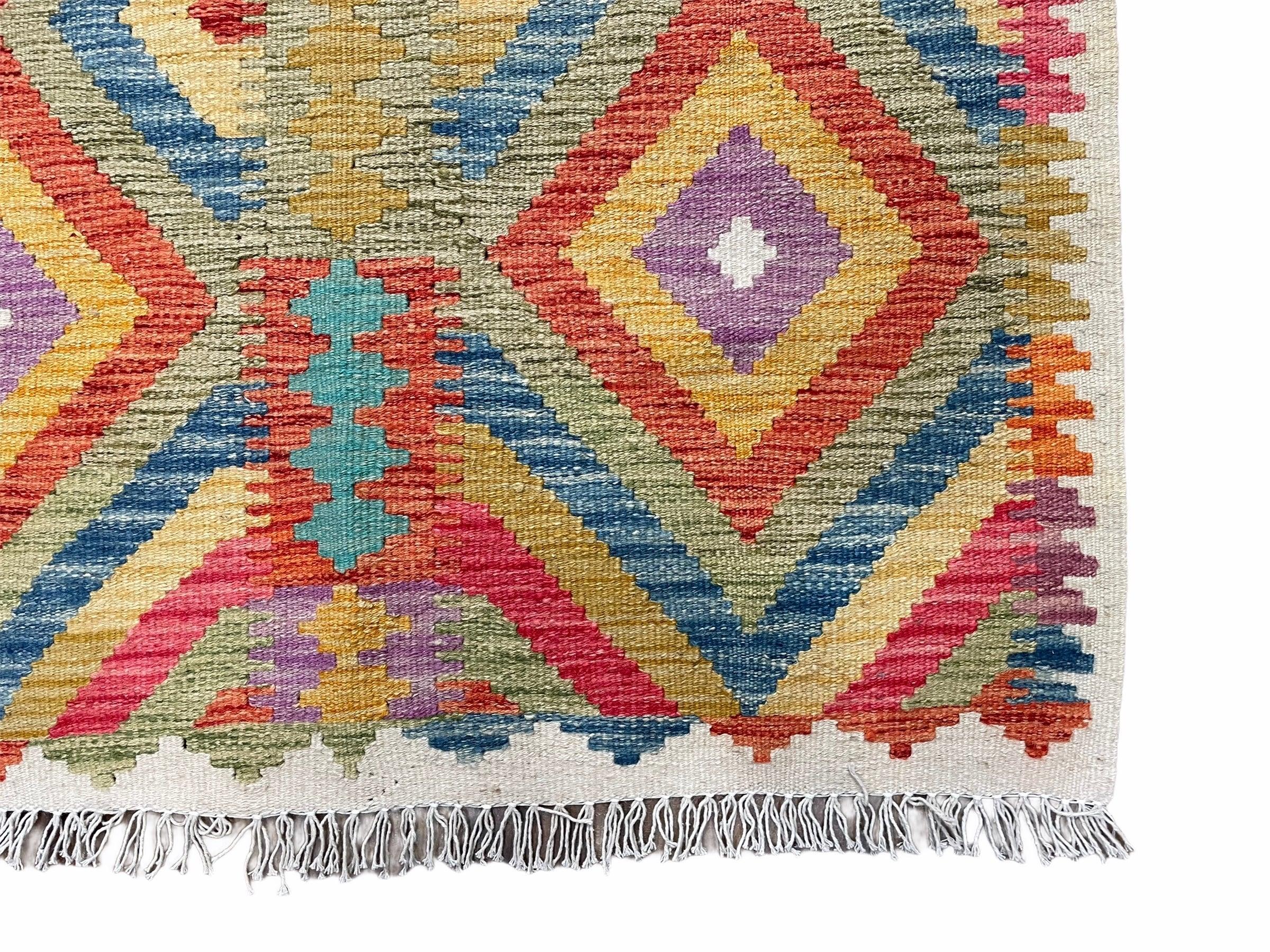 Colorful Chobi Kilim 3x5 Small Turkish Kilim Rug Diamond Pattern Multicolor Flatweave Wool Playroom Rug New Playful Rug - Jewel Rugs