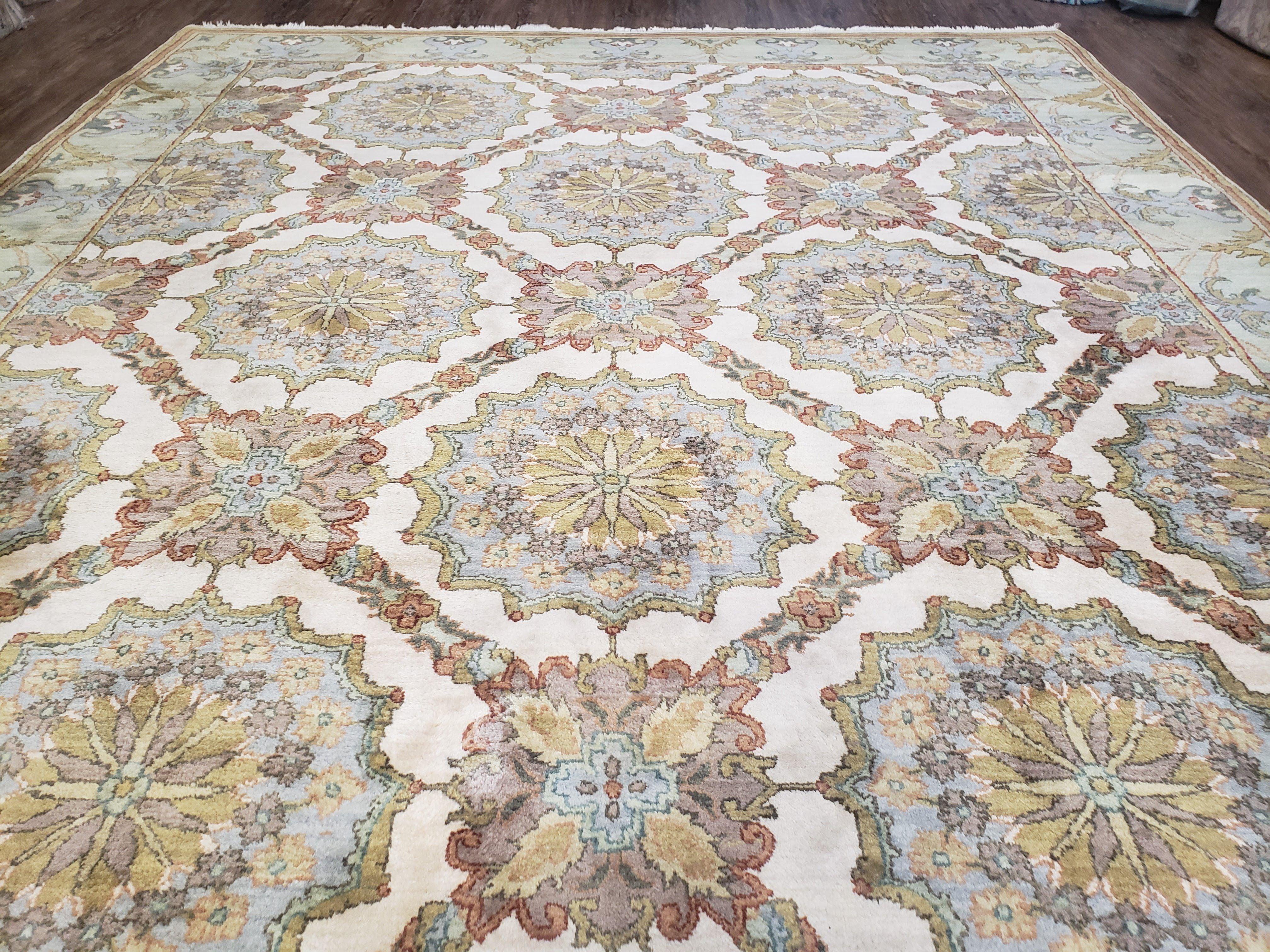 Indo Sultanabad Area Rug 8 x 9.5, Wool Hand-Knotted Ivory Green Teal Decorative Rug, Floral Panel Carpet, Indian Rug, 8 x 10 Bedroom Rug - Jewel Rugs