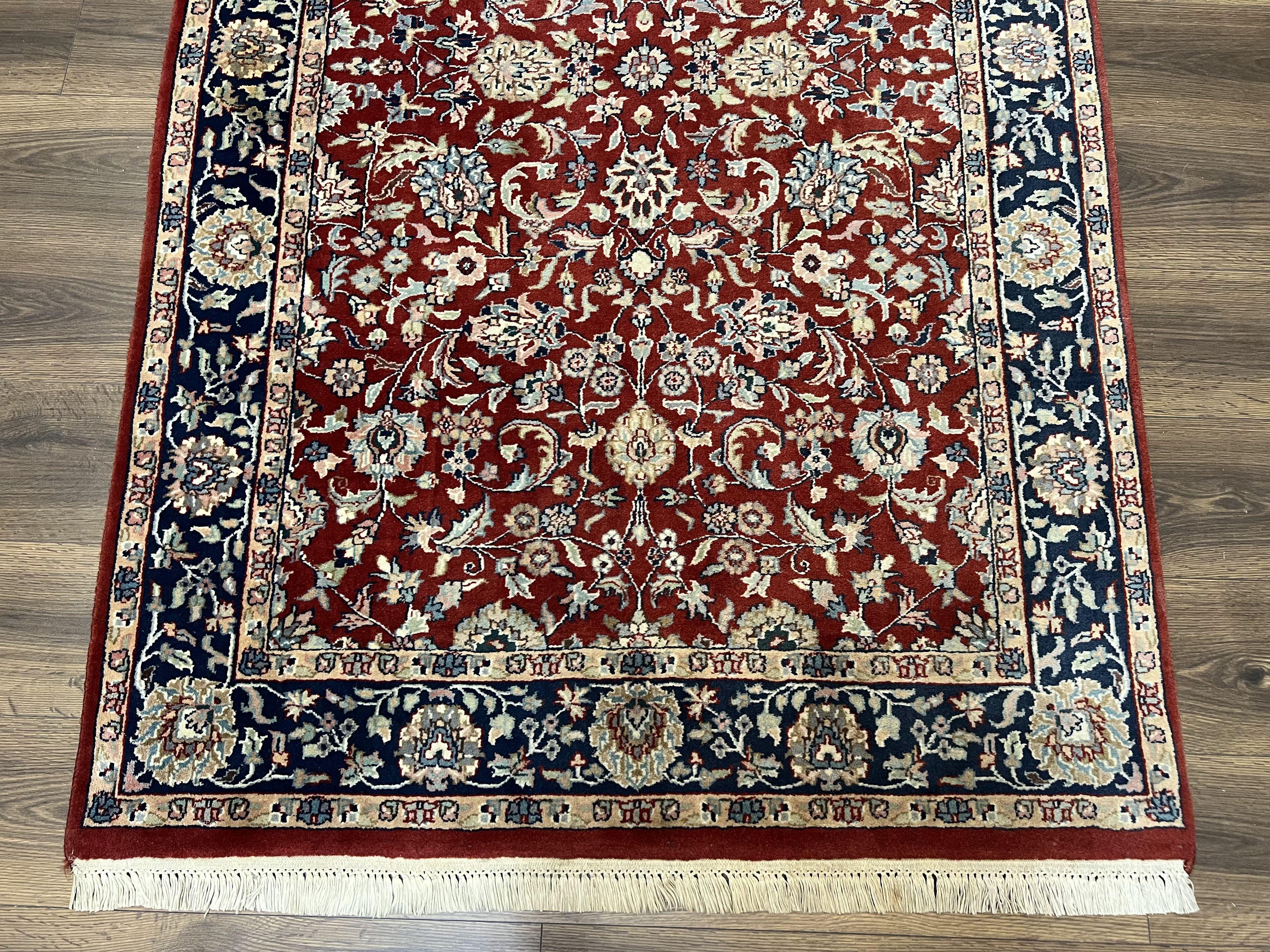 Vintage Indo Persian Runner Rug 4x10, Wool Hand-Knotted Oriental Carpet, Red Dark Blue Indian Rug, Allover Floral, Hallway Rug, Traditional - Jewel Rugs