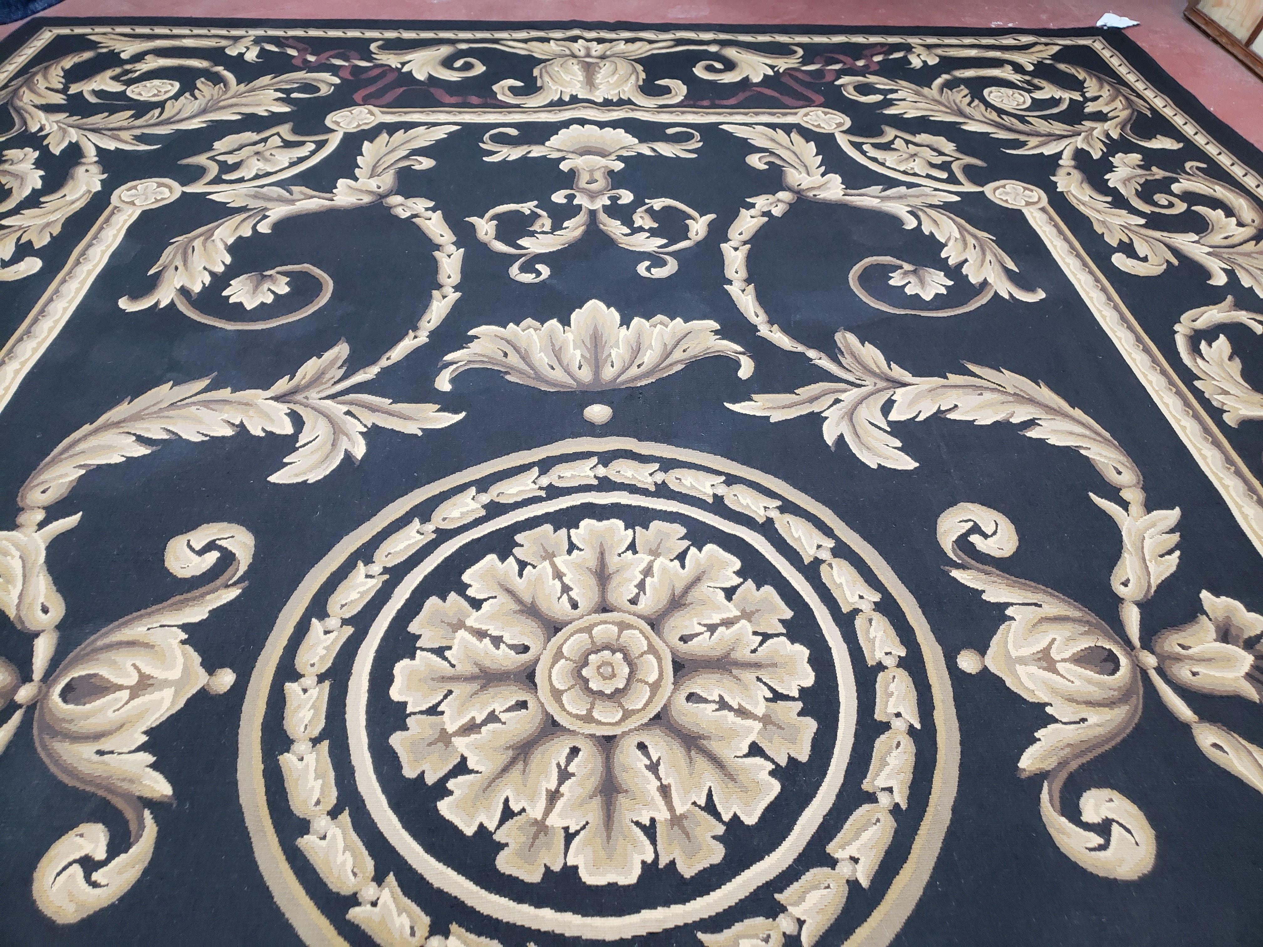 Black and Tan Aubusson Rug, 10 x 14 Aubusson Carpet, New Aubusson Rug, Elegant, Wool, Handmade Area Rug, Flatweave Rug, Large Aubusson Rug - Jewel Rugs