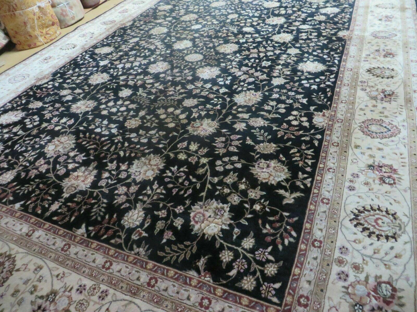 9' X 12' Vintage Handmade Chinese Allover Oriental Wool & Silk Black and Beige Border Area Rug - Jewel Rugs