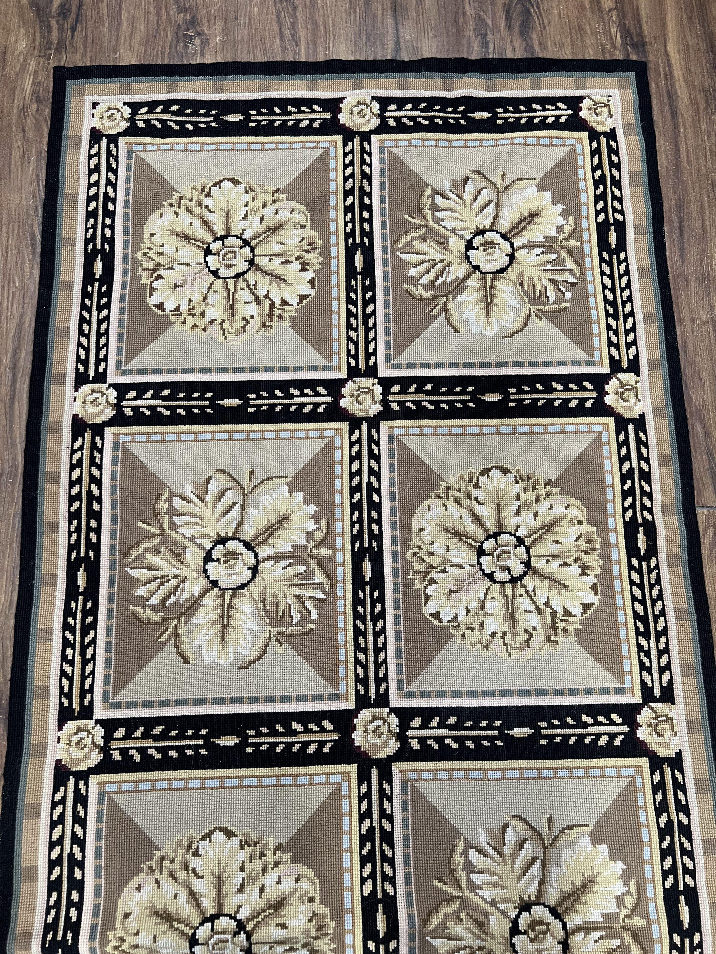 Needlepoint Runner Rug 3x8 Panel Design Rug, Flatweave Runner Rug, English Design, Floral, Short Runner Rug, Black and Beige Wool Hand-Woven - Jewel Rugs