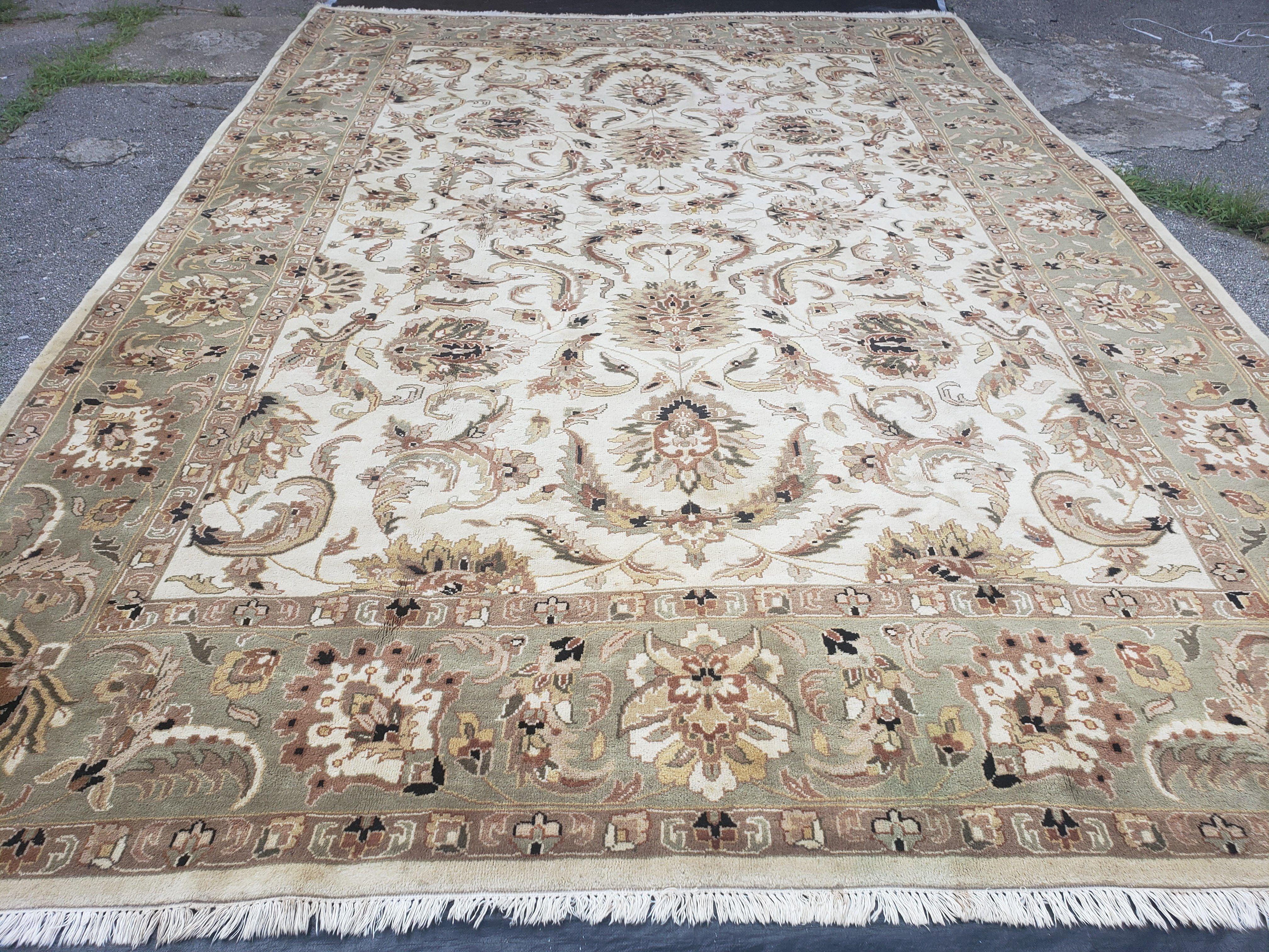 Vintage Indo Mahal Area Rug 10x14, Cream & Laurel Green Hand-Knotted Wool Carpet, Sultanabad Design Rug, 10 x 14 Indian Oriental Rug - Jewel Rugs