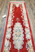 Vintage Chinese Carving Runner Rug 2'4" x 10', Wool Hand-Knotted Red & Beige Asian Art Deco Oriental Carpet, 10ft Soft Hallway Runner Rug - Jewel Rugs