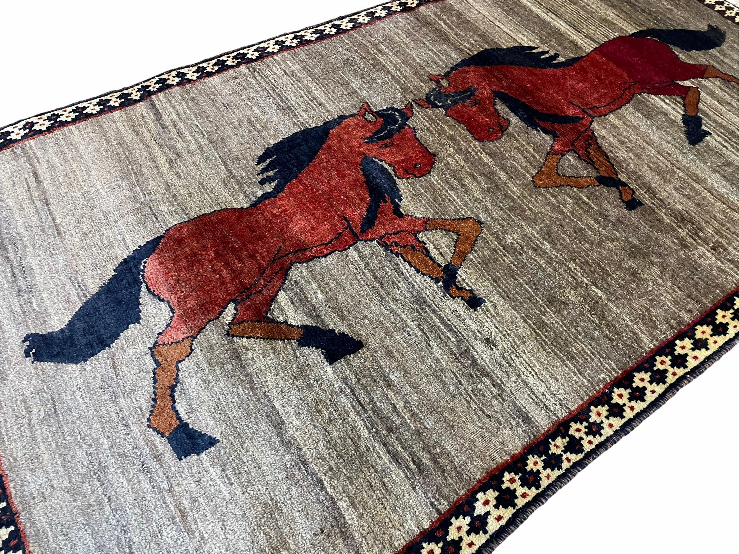 4 X 7 Handmade Hand-Knotted Quality Wool Rug Pictorial Horses Veggie Dyes Tribal - Jewel Rugs