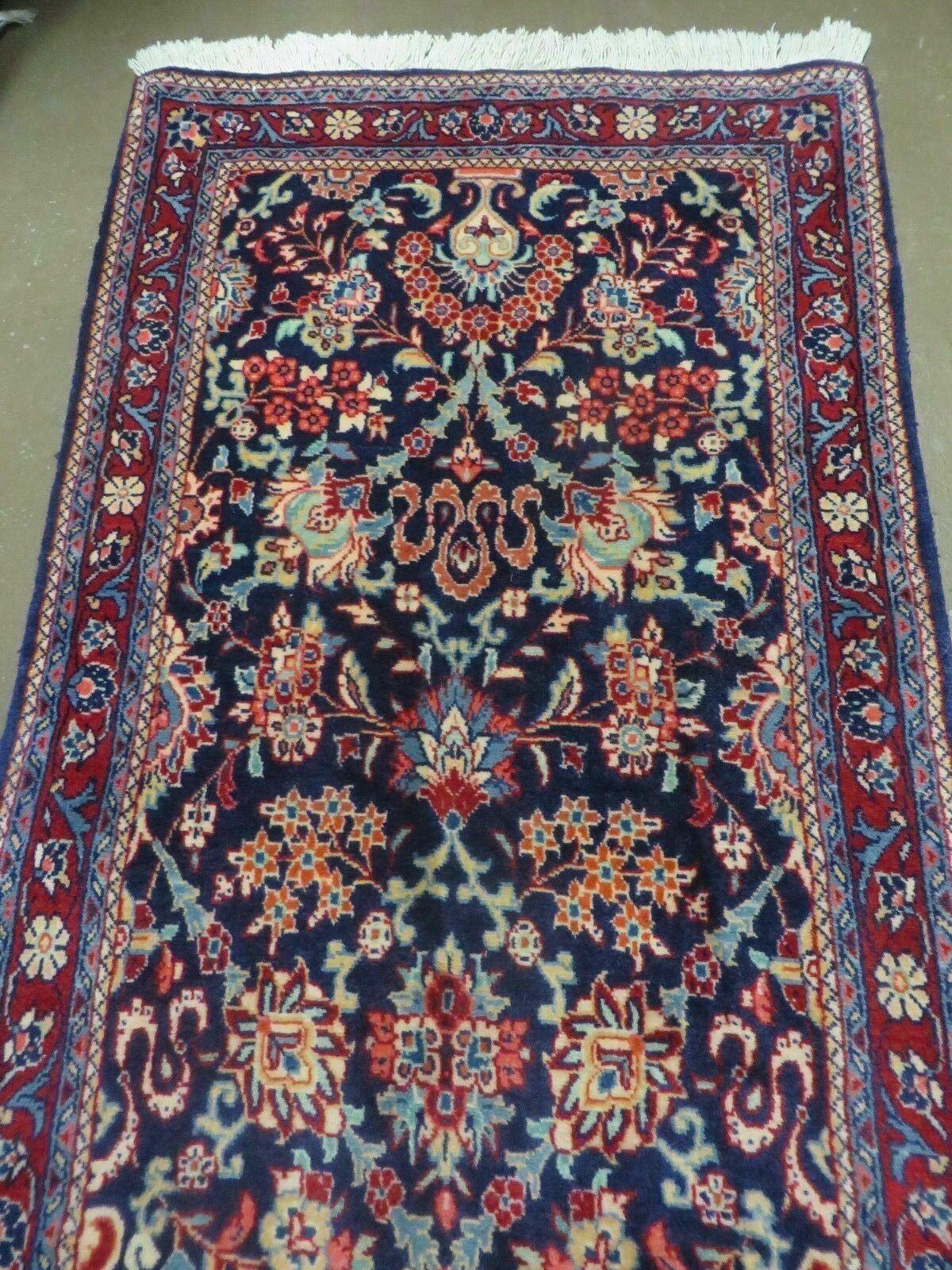 2' 5" X 15' 5" Vintage Dark Blue Indian Floral Handmade Wool Long Runner Rug Wow - Jewel Rugs