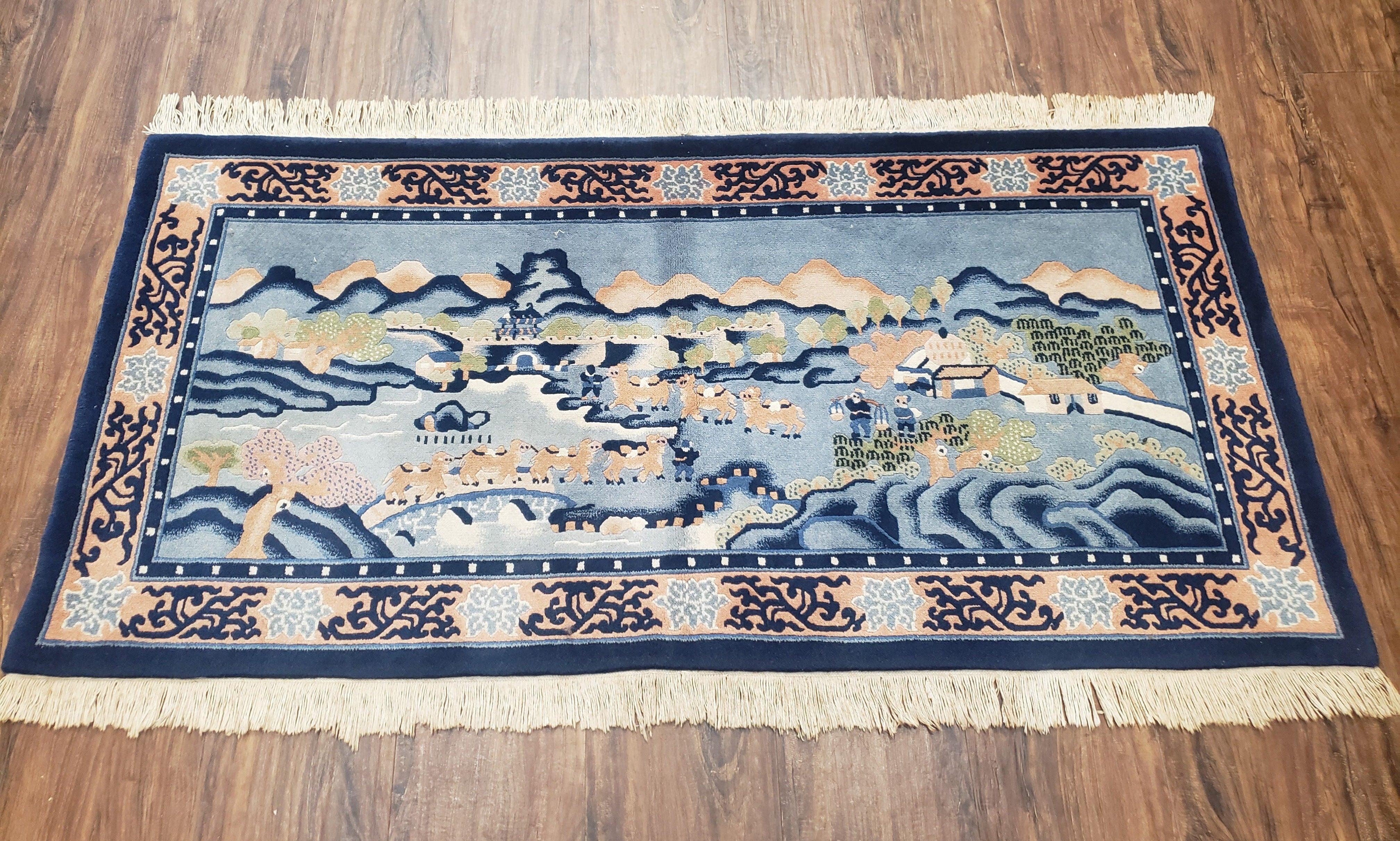 Vintage Chinese Pictorial Rug 2'4" x 4' 7", Chinese Village, Wool Hand-Knotted Blue & Teal Fine Carpet, Tapestry Rug, Woven Wall Art - Jewel Rugs