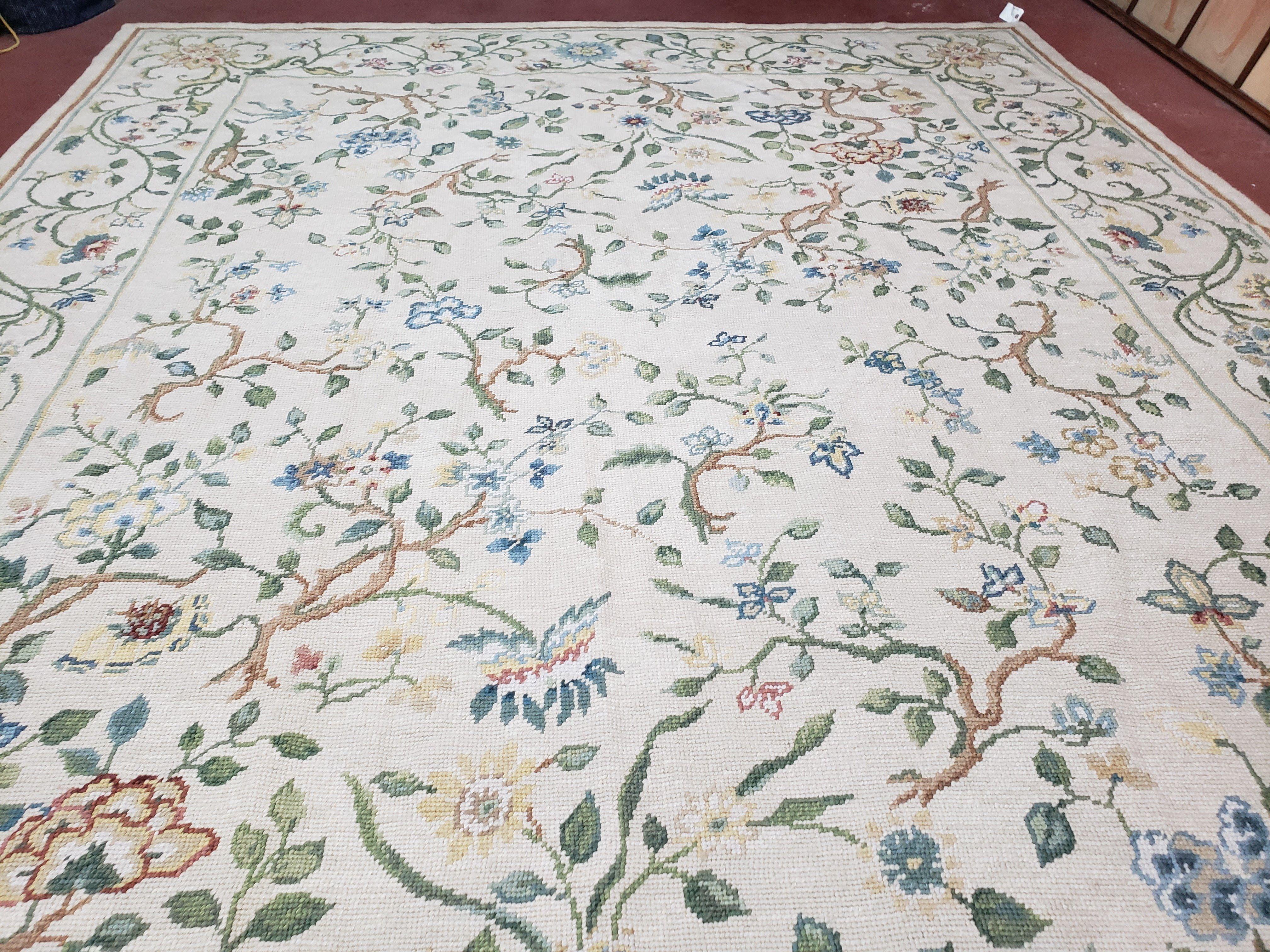 New Needlepoint Floral Carpet 9x12, Handmade Area Rug, Flatweave Carpet, Ivory Background, Blue Flowers, Wool Needlepoint Rug - Jewel Rugs