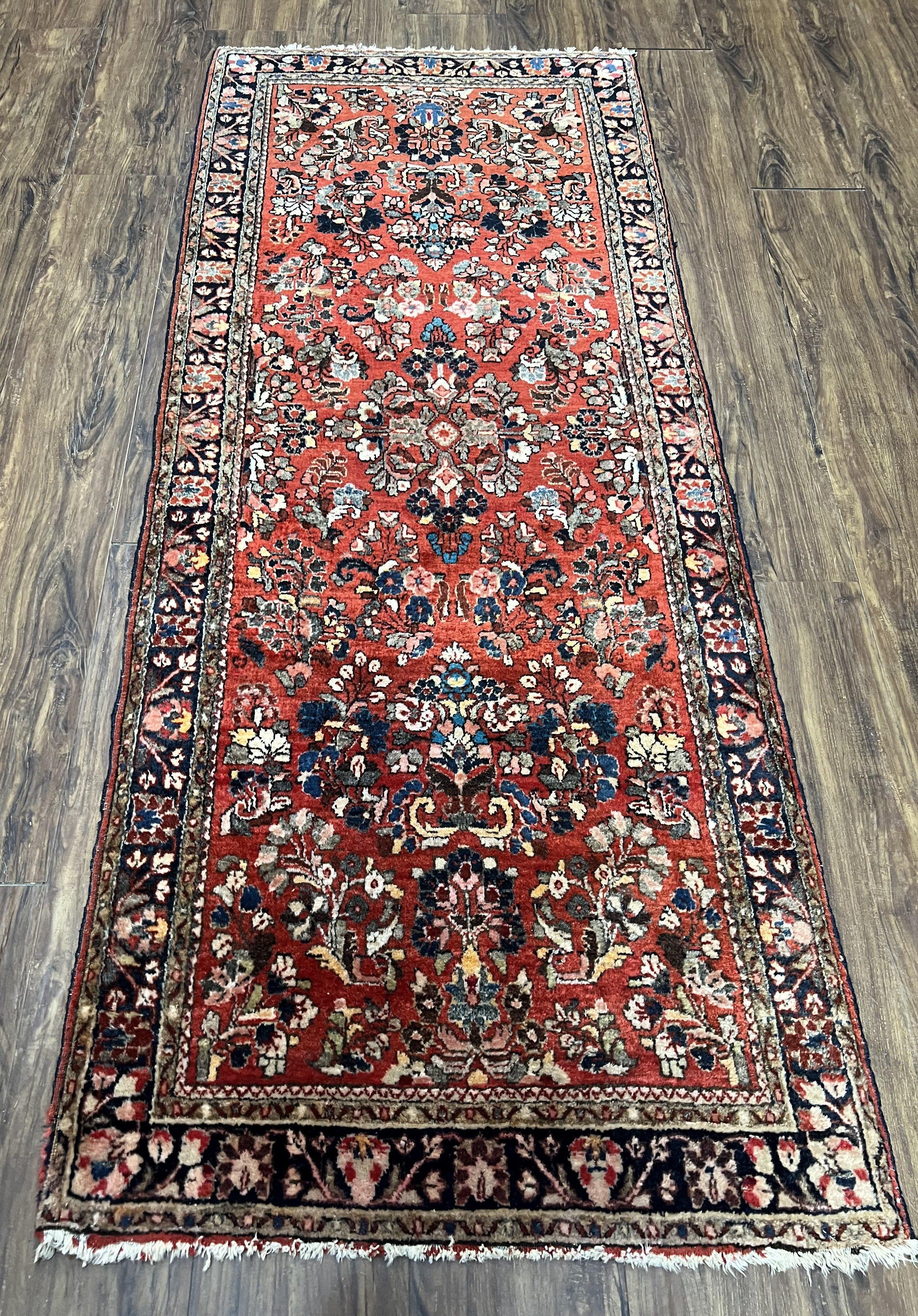 Persian Sarouk Rug 2.7 x 6.6, Antique Oriental Carpet, Short Runner Rug, Floral Rug, Red Dark Blue Cream, Hand-Knotted, High Quality, Authentic Wow - Jewel Rugs