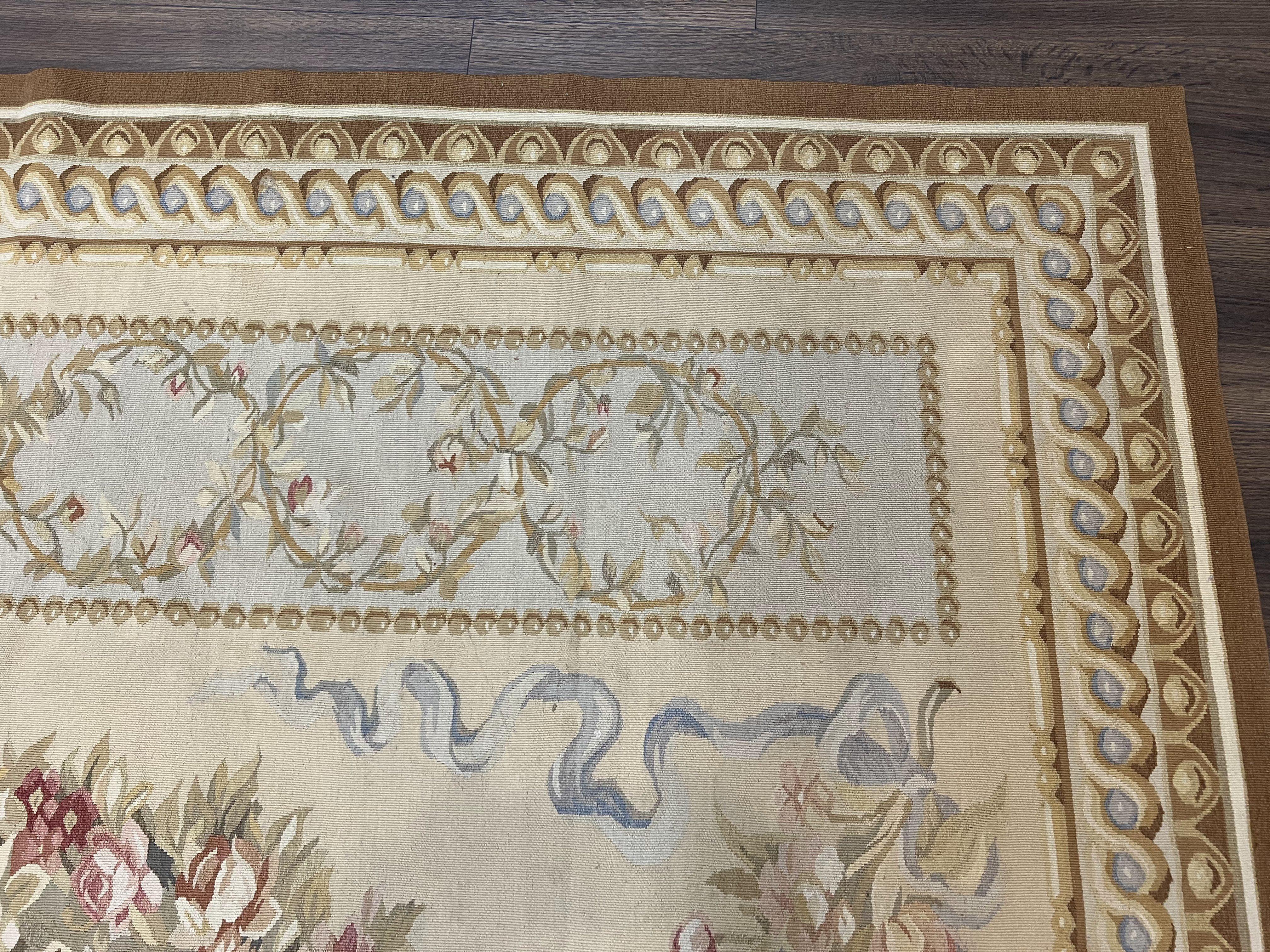 Aubusson Savonnerie Rug 8x10, Vintage French Aubusson Wool Carpet 8 x 10, Hand Woven, Cream and Light Blue, Flatweave, Elegant Floral Rug - Jewel Rugs