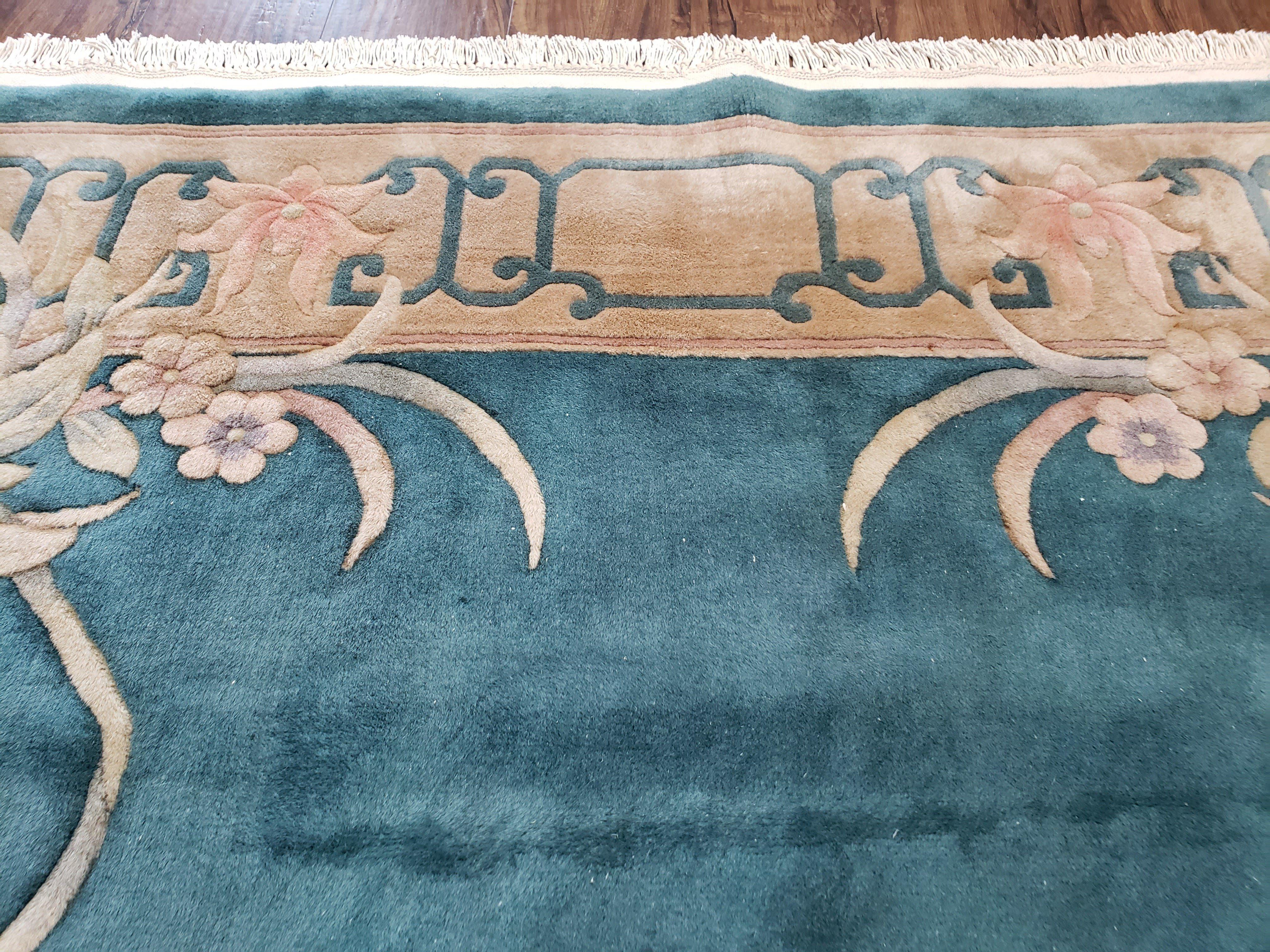 Chinese Carving Rug, 8x10 Rugs, Teal and Beige Chinese Carpet, Chinese 90 Line Rug, Vintage Chinese Art Deco Wool Rug, Handmade Rug, Floral - Jewel Rugs