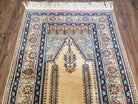 Vintage Silk Turkish Prayer Rug 3x4 - 3x5, Silk on Cotton Hand-Knotted Handmade, Light Yellow & Blue Traditional Small Prayer Carpet - Jewel Rugs